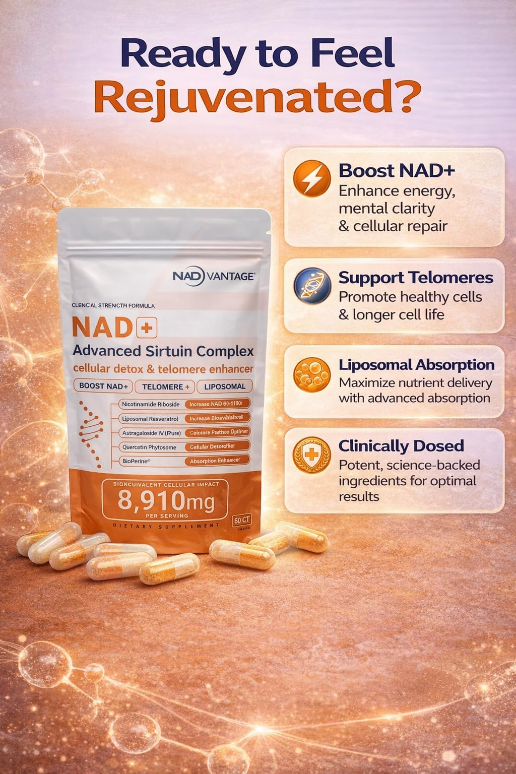Eternaroot NAD+ 5D Matrix - High Potency NAD Precursor - 1000mg Nicotinamide Riboside (NR) + Liposomal Resveratrol - Clean Vegan Formula - Cellular Energy & Immune Support EternarootAu supplements