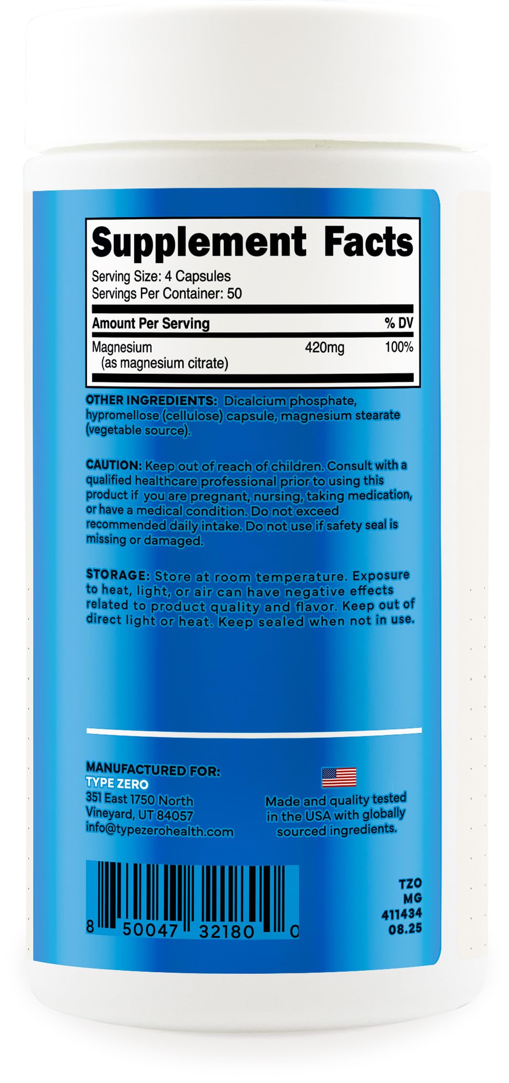 Type Zero Clean Magnesium Citrate Capsules (420mg Per Serving - 200 Capsules) Pure Magnesium Citrate Supplement, Non-GMO - Gluten Free, 50 Servings Type ZeroUS supplements