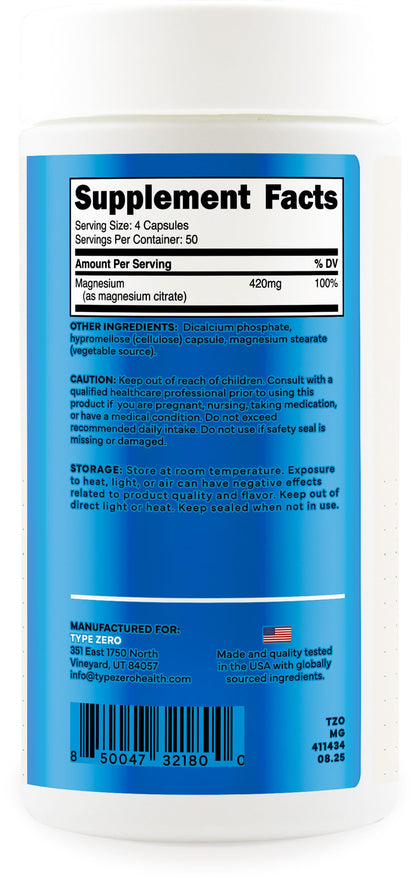 Type Zero Clean Magnesium Citrate Capsules (420mg Per Serving - 200 Capsules) Pure Magnesium Citrate Supplement, Non-GMO - Gluten Free, 50 Servings Type ZeroUS supplements