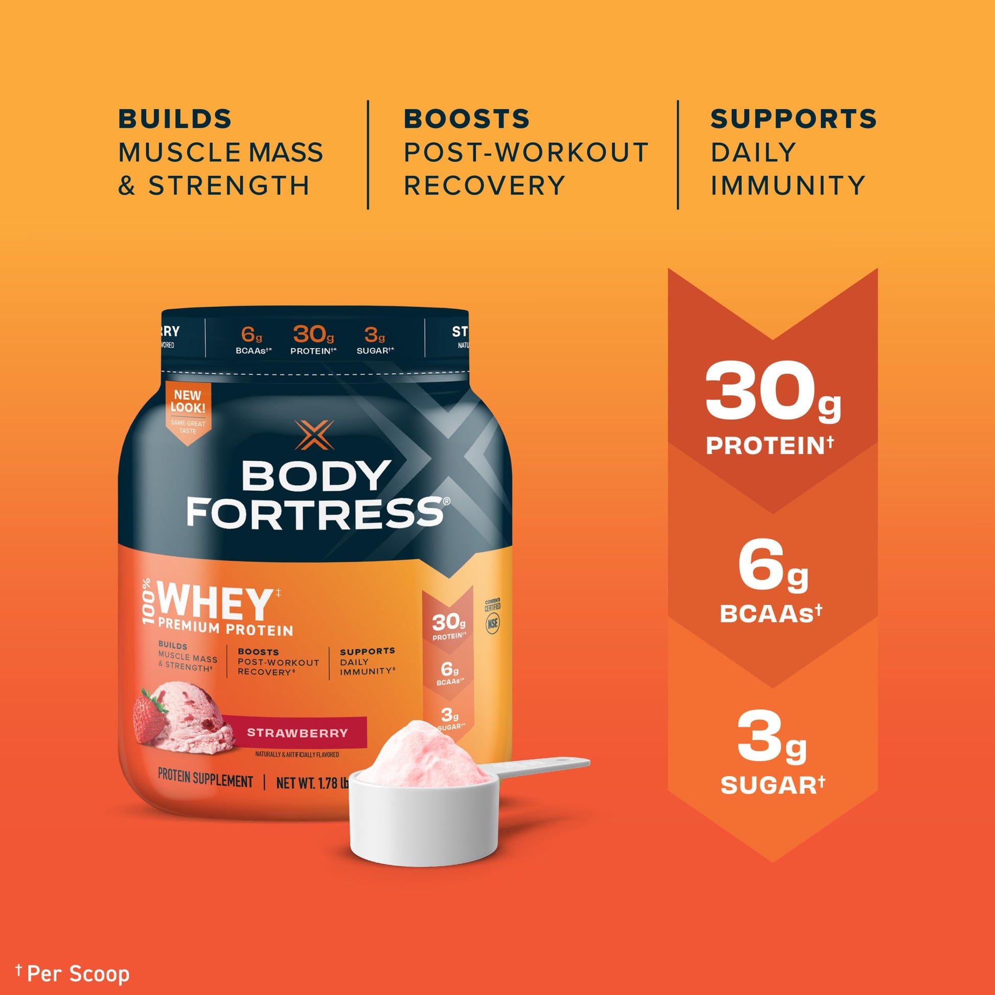 Body Fortress 100% Whey, Premium Protein Powder, Strawberry, 1.78lbs Packaging May Body FortressUS supplements