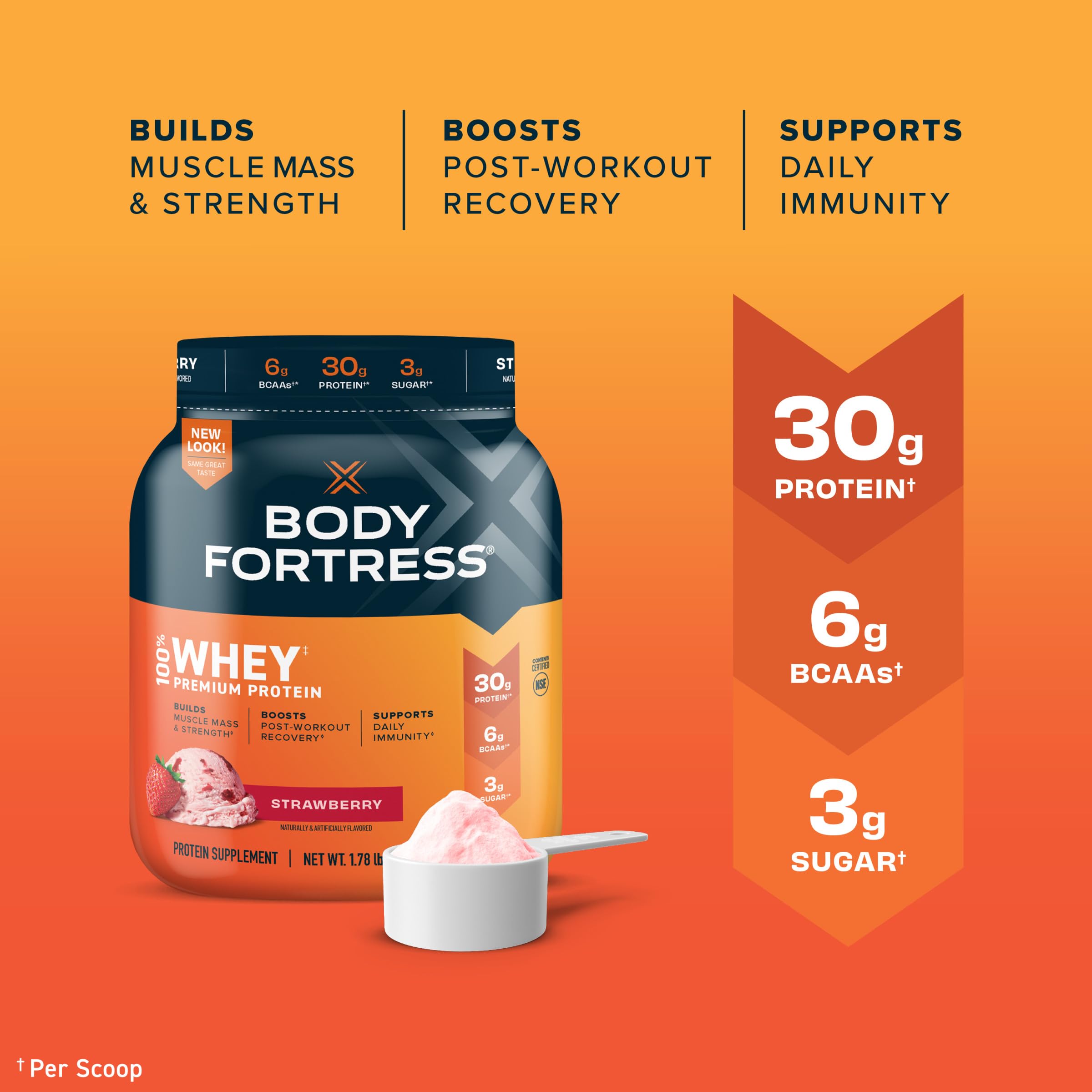 Body Fortress 100% Whey, Premium Protein Powder, Strawberry, 1.78lbs Packaging May Body FortressUS supplements