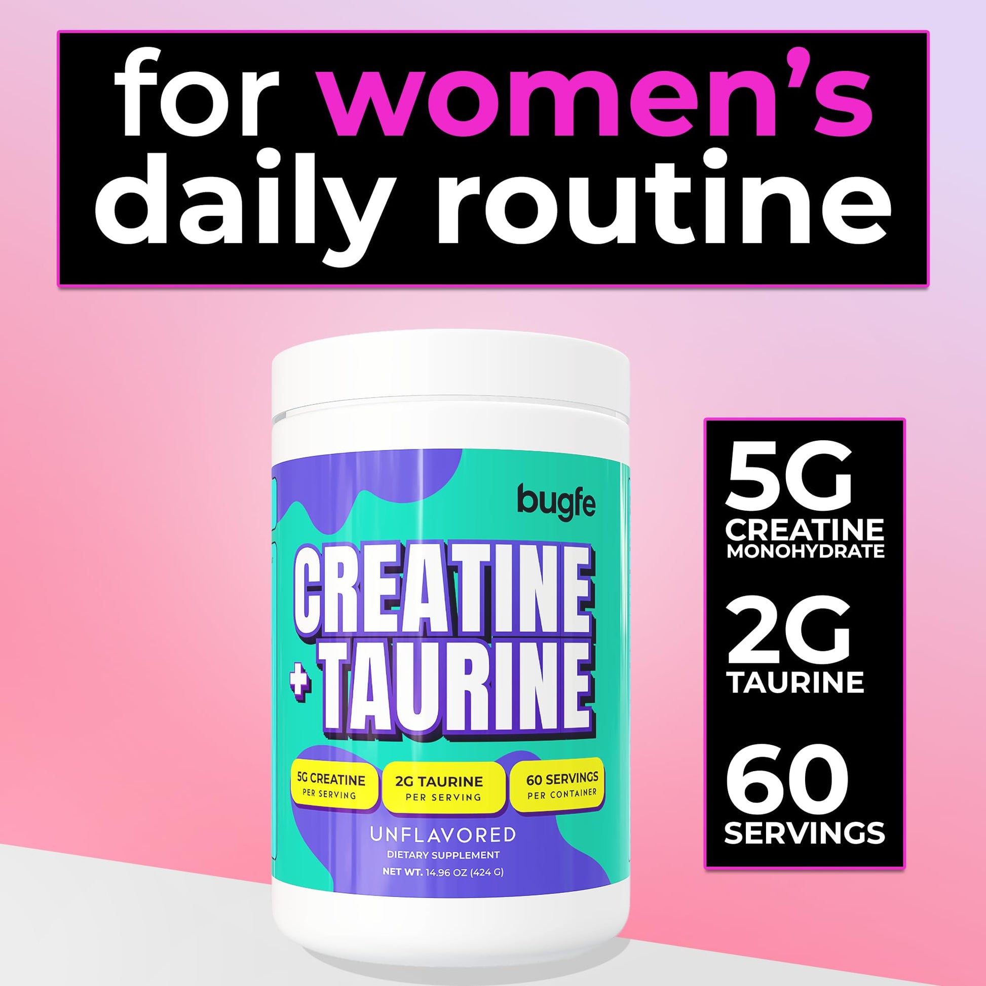 Creatine with Taurine for Women & Men - Unflavored Micronized Creatine Monohydrate Plus Taurine Powder to Support Muscle Strength, Recovery & Brain Health (60 Servings) BugfeAu supplements