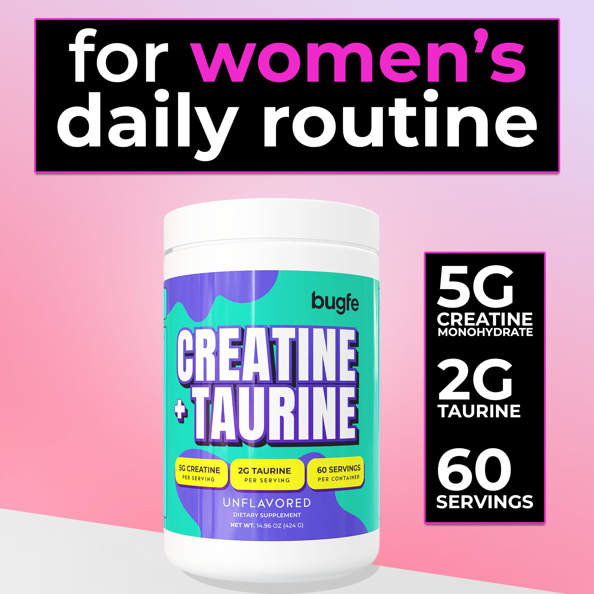 Creatine with Taurine for Women & Men - Unflavored Micronized Creatine Monohydrate Plus Taurine Powder to Support Muscle Strength, Recovery & Brain Health (60 Servings) BugfeAu supplements