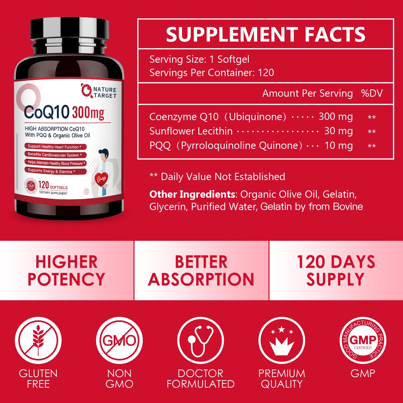 NATURE TARGET CoQ10-300mg-Softgels + PQQ with Organic-Olive-Oil - High Absorption NATURE TARGETUS supplements