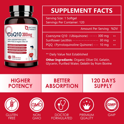 NATURE TARGET CoQ10-300mg-Softgels + PQQ with Organic-Olive-Oil - High Absorption NATURE TARGETUS supplements