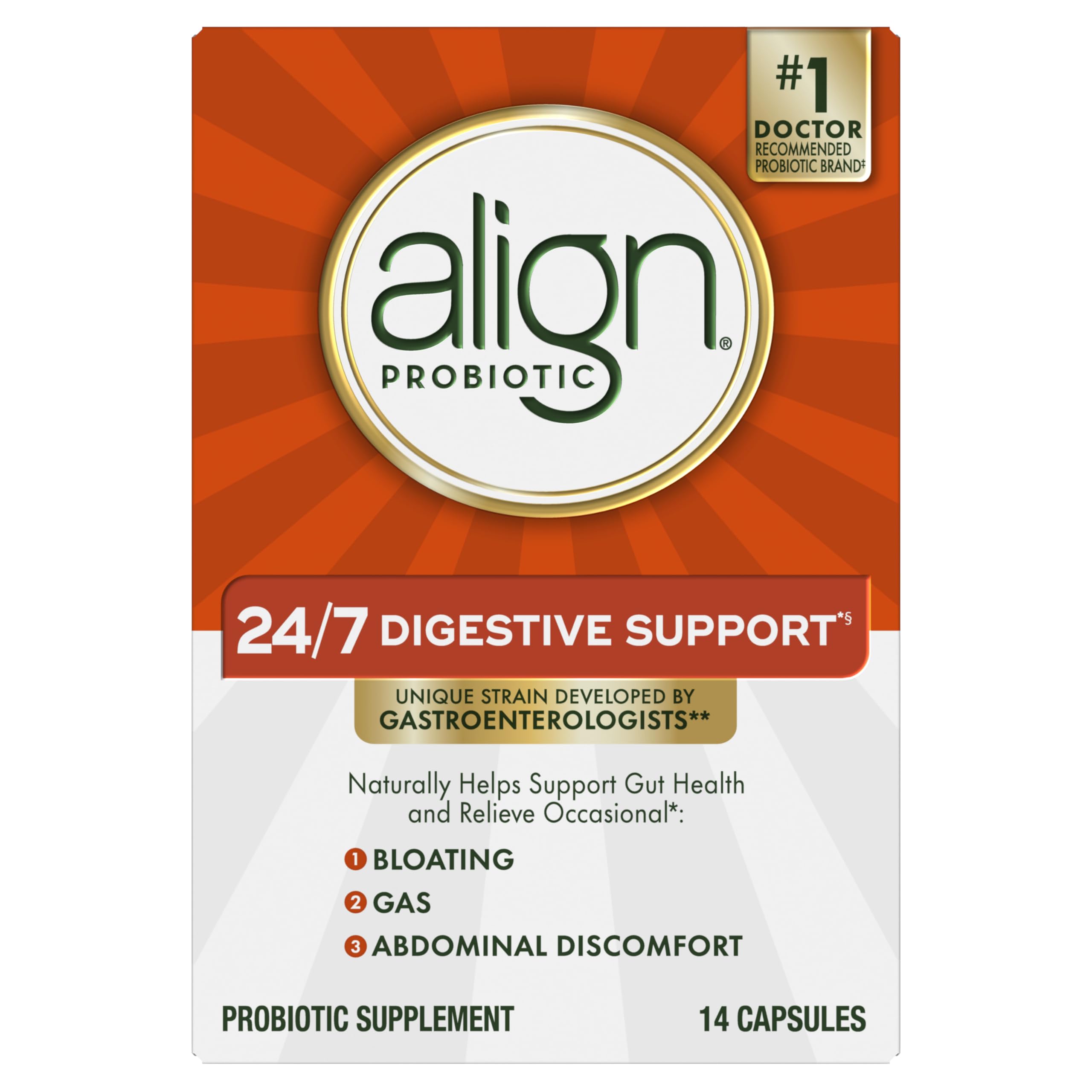 Align Probiotic, 24/7 Digestive Support*§, Probiotics for Women and Men, Probiotics for Digestive Health, Men and Womens Probiotic Capsules Help Relieve Occasional Bloating & Gas*, 14 Capsules AlignAu supplements