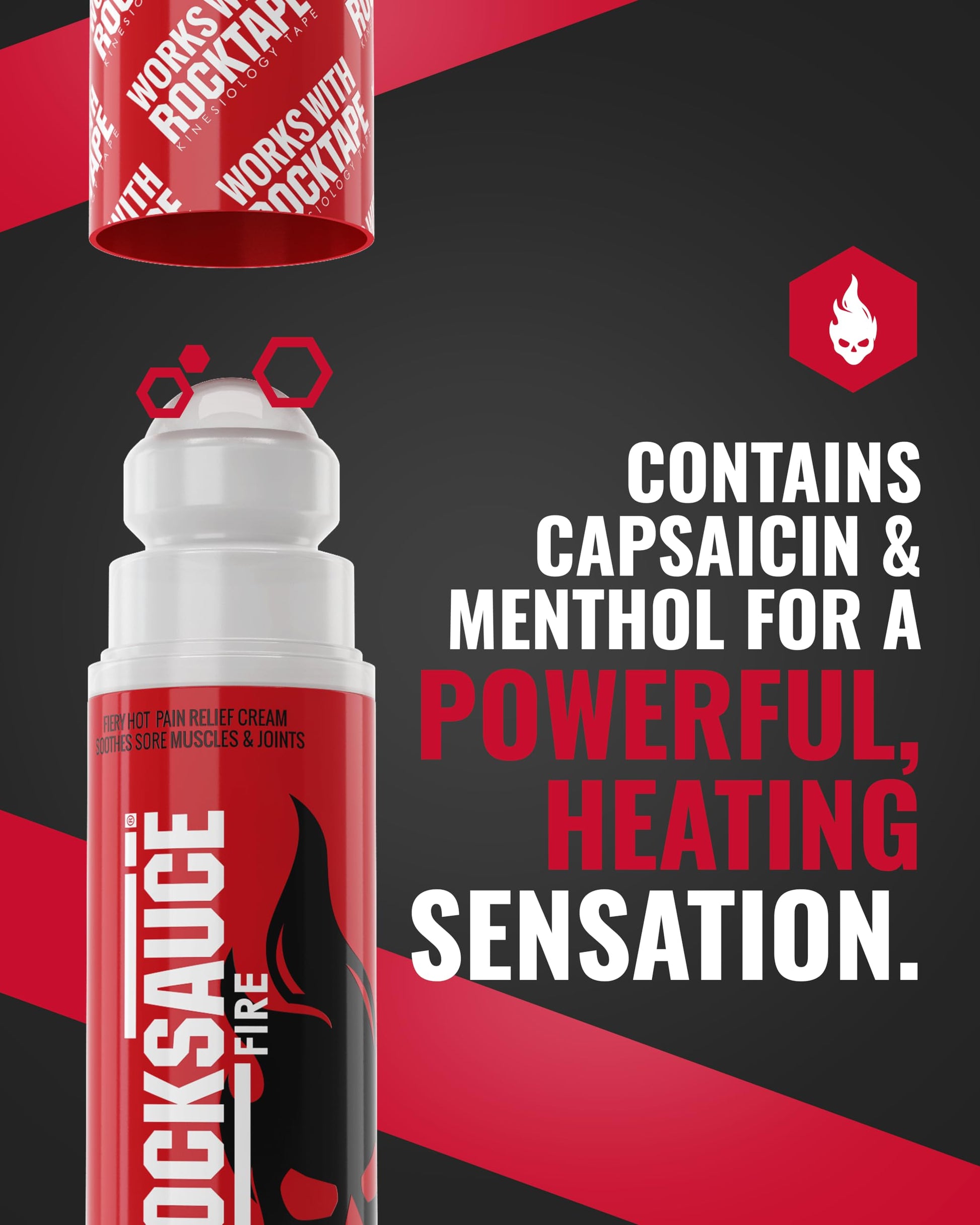 RockSauce Fire, 3 oz Roll-On - Easy to use Pain Relief Cream - Capsaicin & Menthol Formula Relieves Muscle & Joint Pain - Works w/ RockTape - No-Mess Applicator - Dye-Free, Won't Stain Clothes RockTapeAu supplements