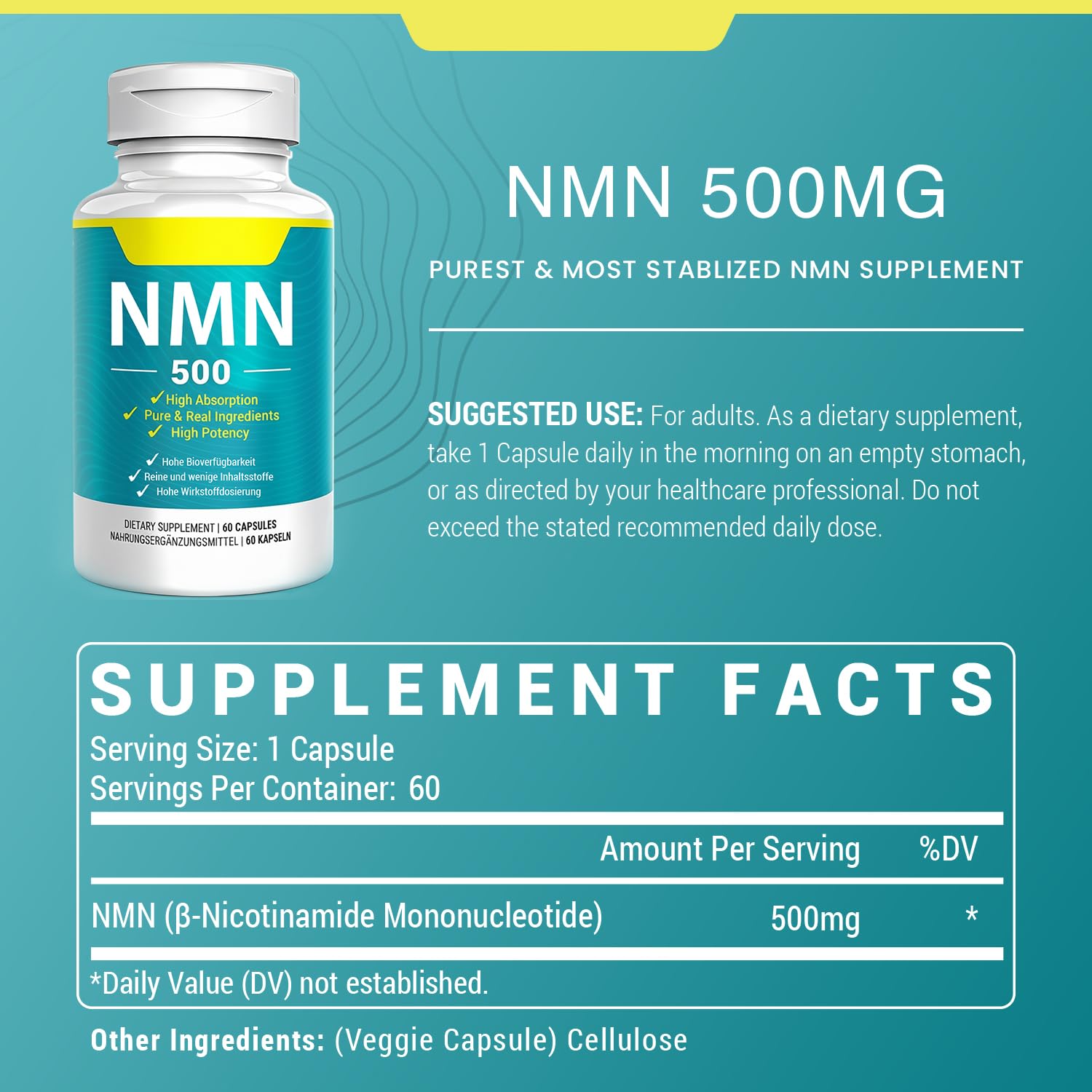Vegan NMN Supplement 500mg, Higher Absorption - 99% Pure NMN (Nicotinamide Mononucleotide)for NAD+, Cellular Energy Immune Muscle, Anti-Aging & Longevity, Stabilized NMN - 60 Capsules (60 Days Supply) NivantavAu supplements