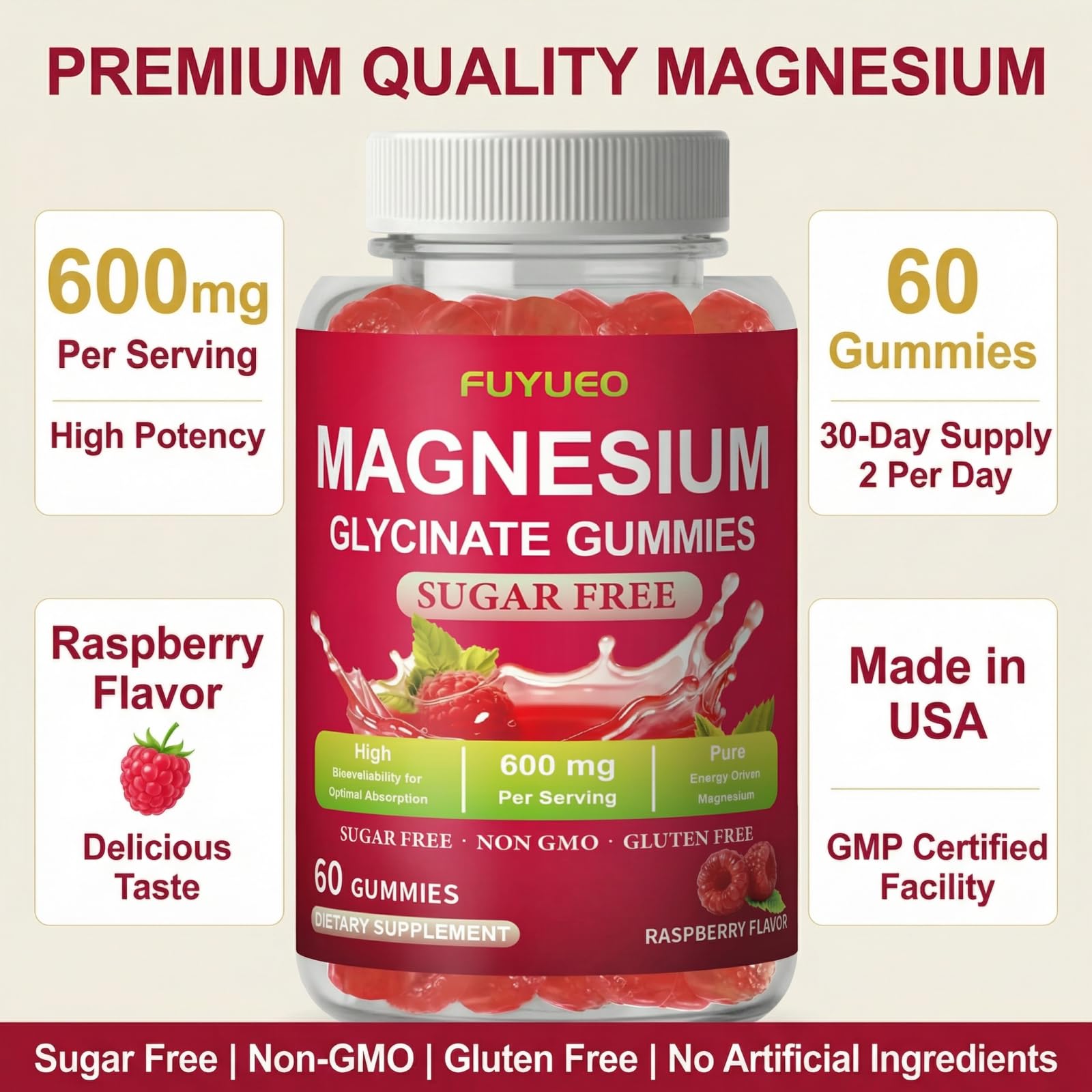 FUYUEO Magnesium Glycinate Gummies for Sleep & Relaxation, Sugar Free High Absorption Magnesium Supplement for Men & Women, Gentle on Stomach, Chewable, Raspberry, 60 Count (Pack of 1) FUYUEOAu supplements