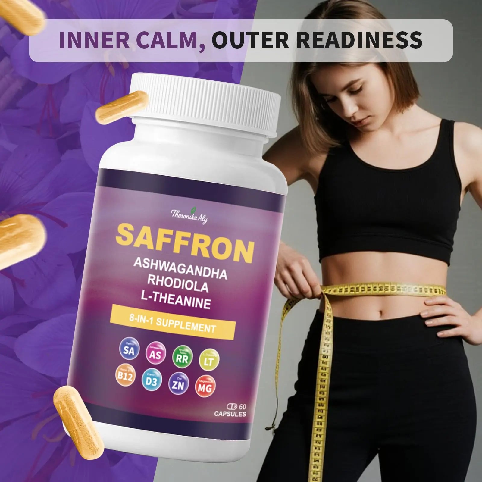 Theronika Aly Saffron Supplements – Blend with Ashwagandha, Safron, Rhodiola, Magnesium, L-Theanine, Zinc & B12, 88.5 mg Pure Saffron Extract Capsules Mood, Energy, Vision & Focus – 60 Vegan Capsules Theronika Alynz supplements