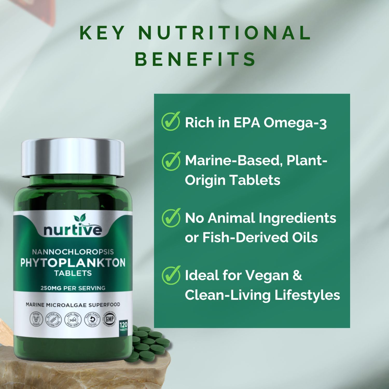 NURTIVE Nannochloropsis Phytoplankton Tablets – 250mg per Serving – Vegan, Gluten-Free, Non-GMO, No Fillers – Third-Party Tested, GMP Certified – 2 Tablets/Day for 2 Month, 120 Tablets/Bottle NURTIVEAu supplements
