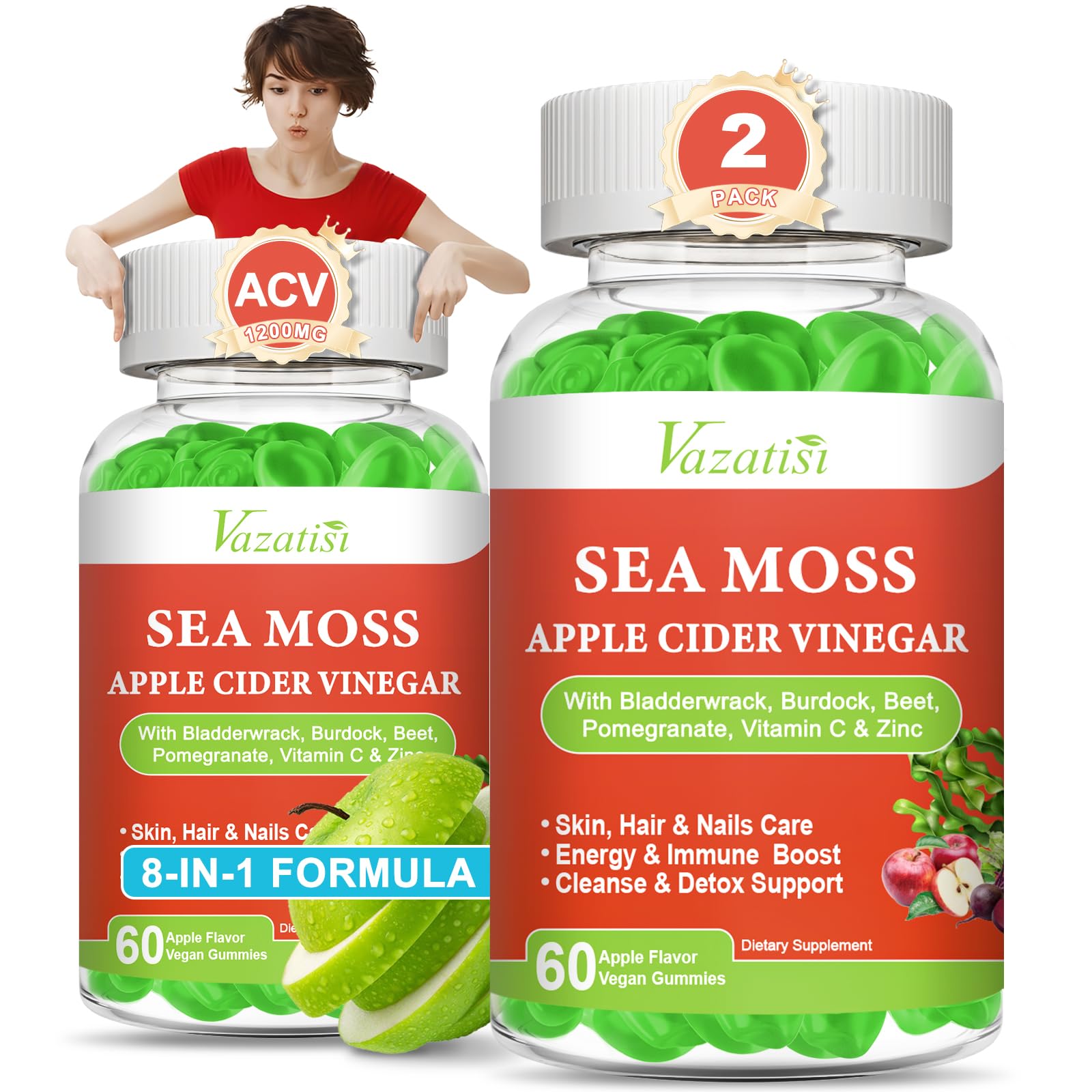 Vazatisi 2 Pack Apple Cider Vinegar Gummies, ACV with Sea Moss Gummies for Metabolism, Digestion, Detox, Gut & Immune Health, Apple Flavored -120 Count VazatisiAu supplements