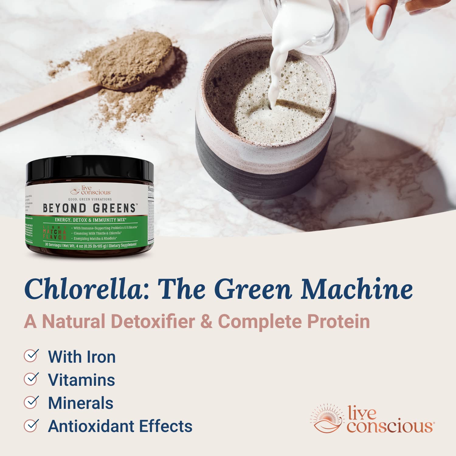 Live Conscious Beyond Greens Concentrated Superfood Powder - Matcha Flavor w/Chlorella, Echinacea, Probiotics for Immune Support & Energy - 30 Servings (2-Pack) Live ConsciousAu supplements