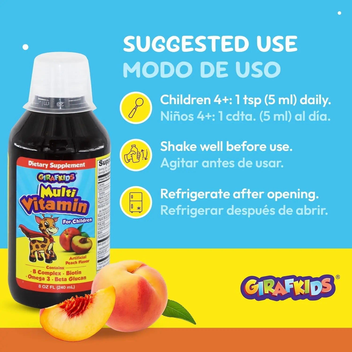 GirafKids Liquid Multivitamin for Kids Ages 4+, 8oz - Daily Child Vitamins with Biotin, Vitamin A, B Complex, Folic Acid, Omega-3 & Beta Glucan PHARMADELAu supplements