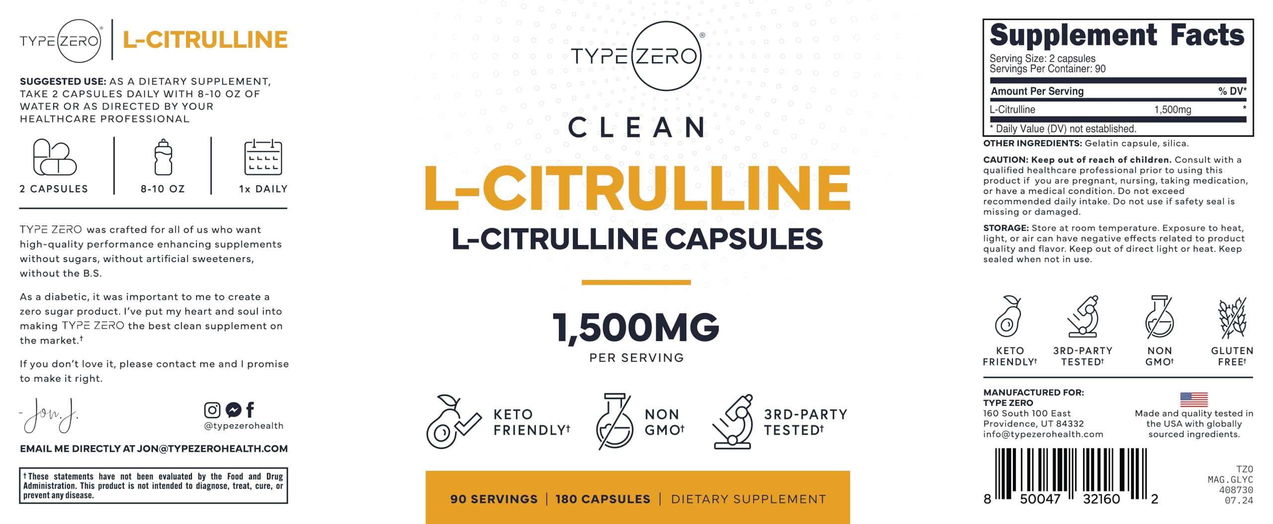 Type Zero L-Citrulline Capsules (180 Capsules) (1500 mg per Serving) - GMO-Free Type ZeroUS supplements