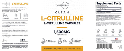 Type Zero L-Citrulline Capsules (180 Capsules) (1500 mg per Serving) - GMO-Free Type ZeroUS supplements