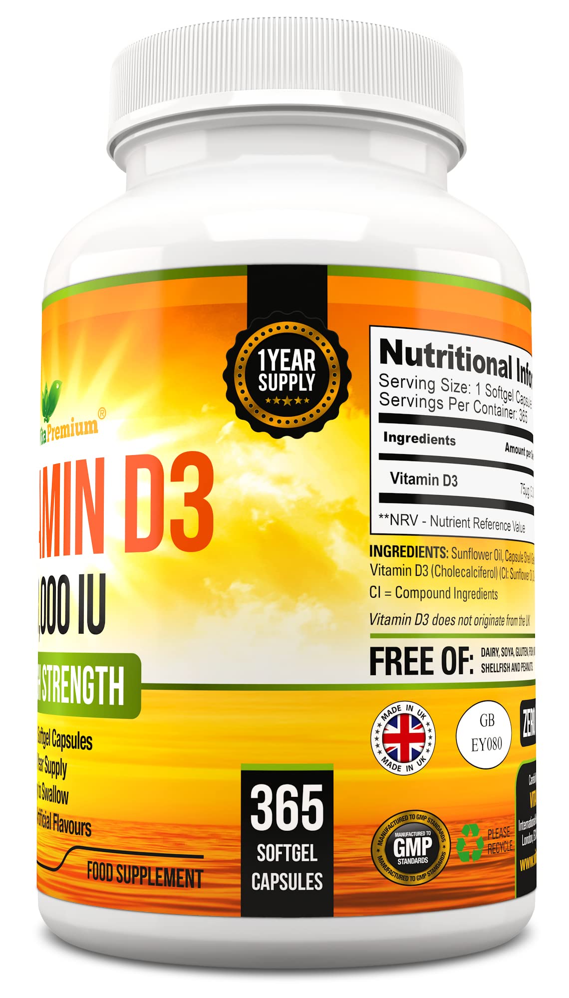 Vitamin D 3,000 IU, High Strength Vitamin D3 Supplement, 365 Easy to Swallow Softgels Vita PremiumUS supplements
