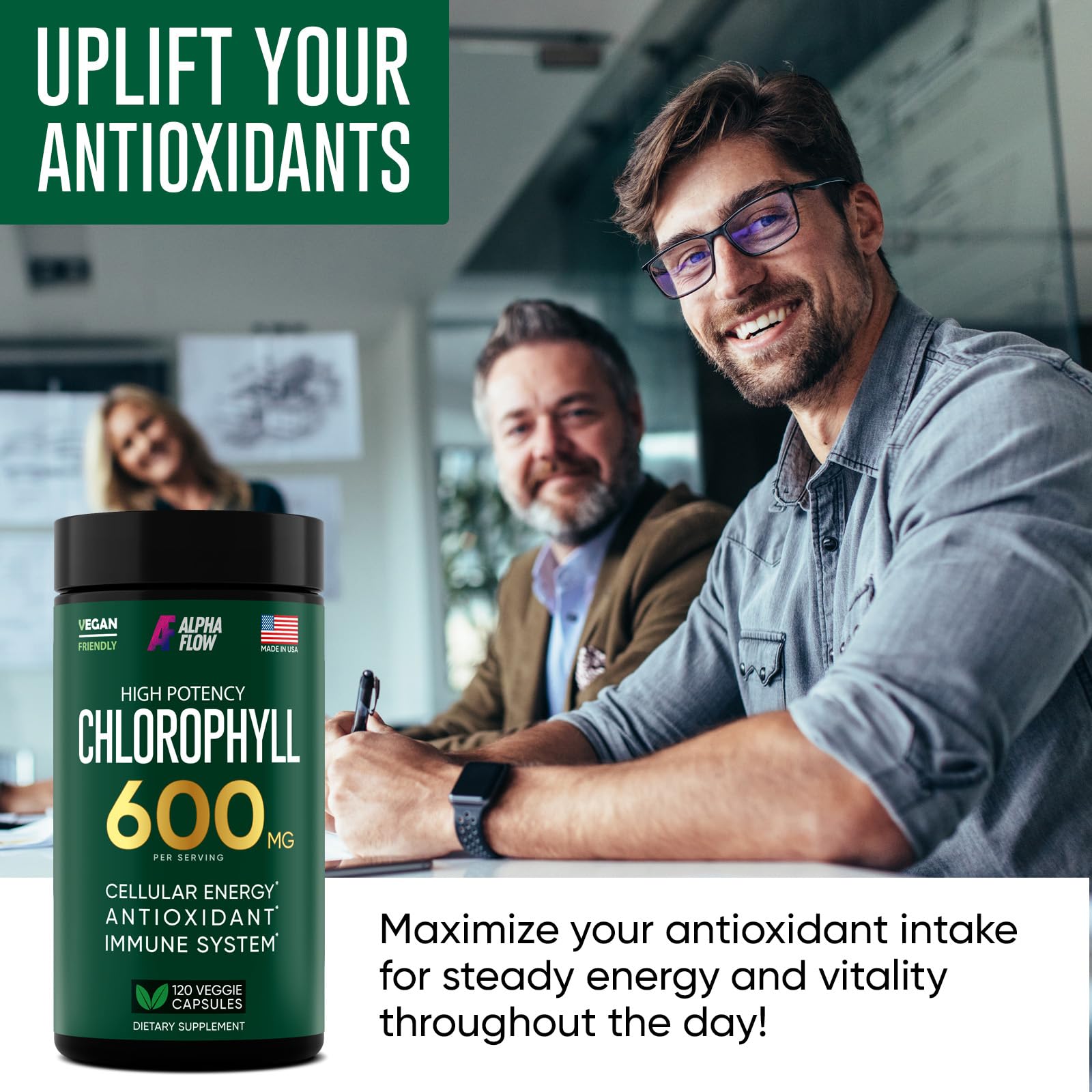 Chlorophyll Capsules 600 mg - Natural Chlorophyll Pills for Women & Men - Highly BioAvailable Alpha FlowAu supplements