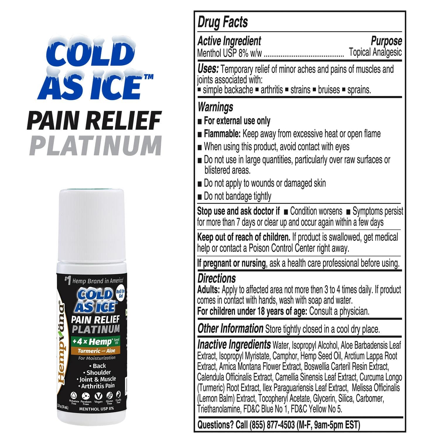 Hempvana Roll On Cold As Ice Platinum Fast Pain Relief for Knees, Neck, Hips, Shoulders, Back + Arthritis Pain Relief w/Hemp Seed Oil, AS SEEN ON TV, Cooling Menthol HempvanaAu supplements
