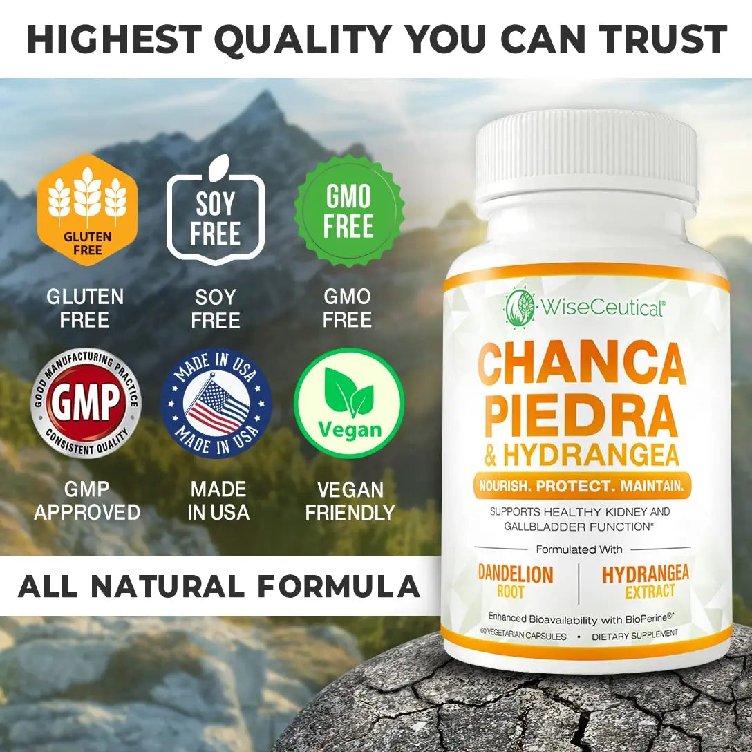 Max Strength Chanca Piedra, Hydrangea & Dandelion Root - Natural Kidney & Gallbladder Formula - Stone Breaker, Flush Impurities, Cleanse Urinary Tract - Enhanced with BioPerine. 60 Veggie Capsules. WiseceuticalAu supplements
