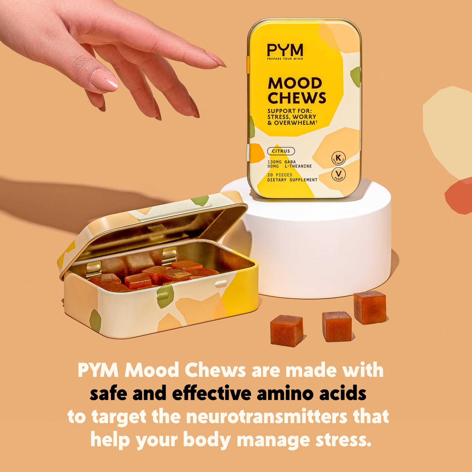 PYM Citrus Mood Chews Support for Stress, Worry & Overwhelm, 120 Count | 130mg GABA, 90mg L-Theanine | Vegan, Non-GMO, Gluten-Free, No Added Sugar | All-Natural Mood Balance Supplement Made in USA PYM HealthAu supplements