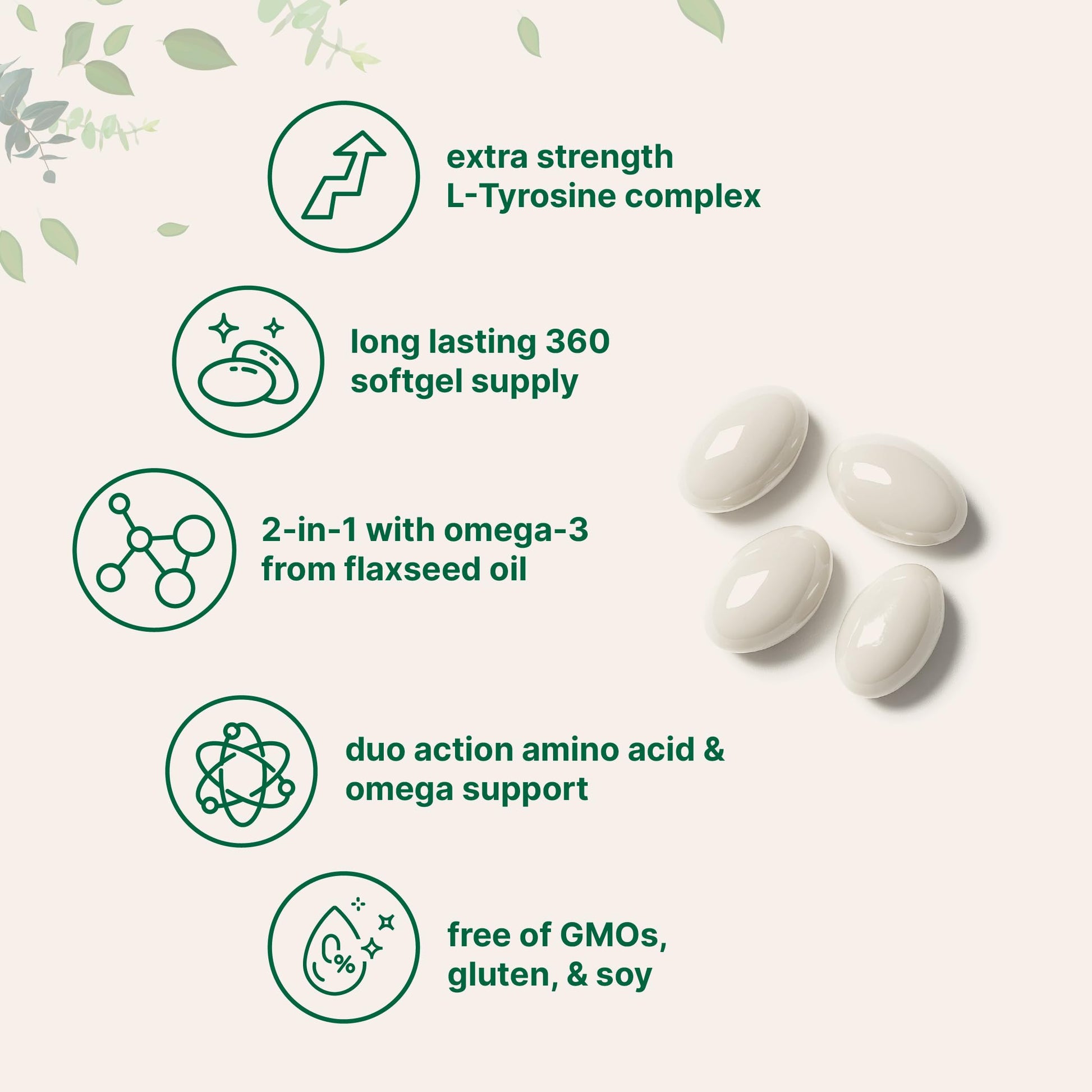 L Tyrosine Supplement 500mg with Omega-3, 360 Softgels | Duo Action Amino Acids + Omega from Flaxseed Oil 1,000mg with ALA | Heart and Mood Support | Brain Supplements for Memory and Focus | Non-GMO Micro IngredientsAu supplements