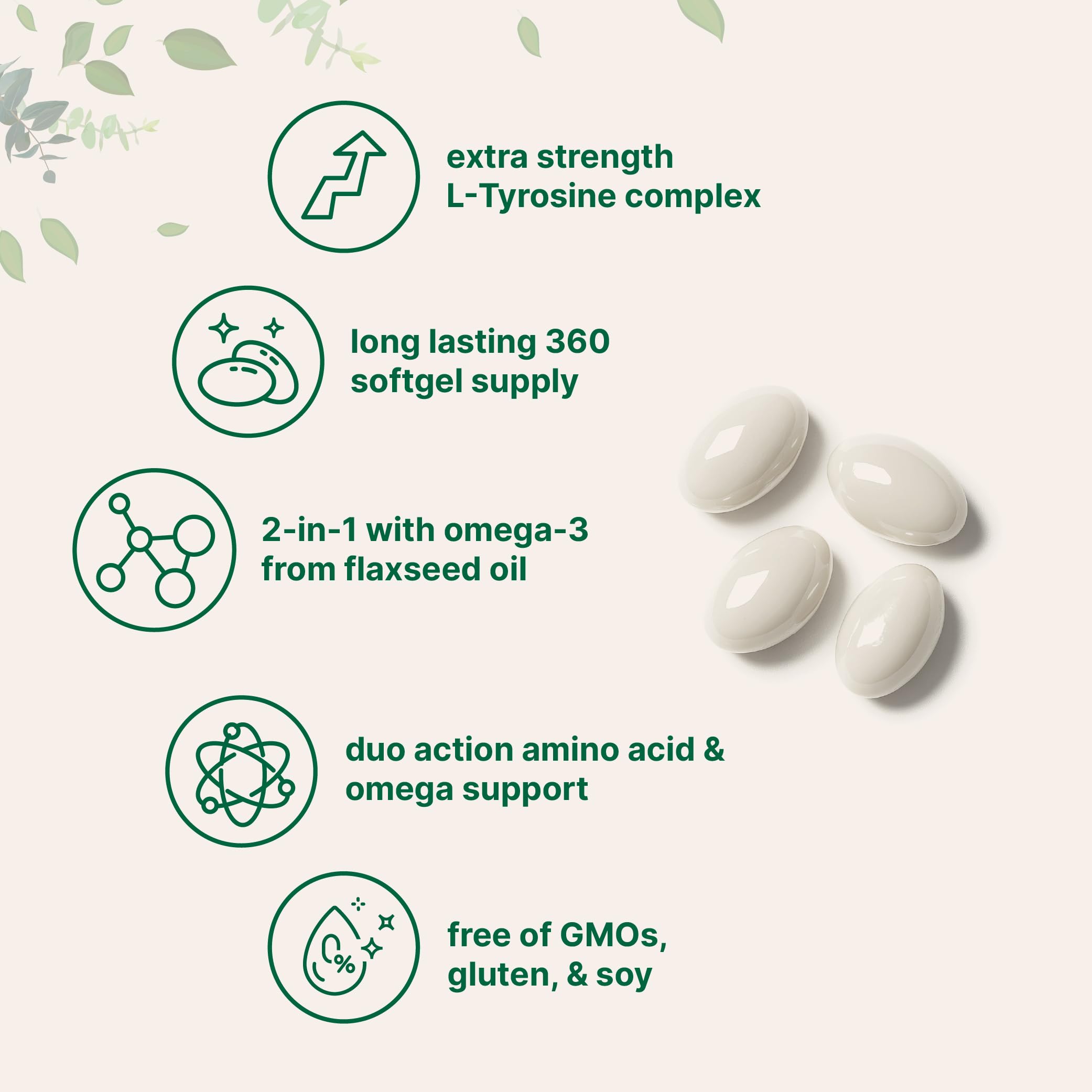 L Tyrosine Supplement 500mg with Omega-3, 360 Softgels | Duo Action Amino Acids + Omega from Flaxseed Oil 1,000mg with ALA | Heart and Mood Support | Brain Supplements for Memory and Focus | Non-GMO Micro IngredientsAu supplements