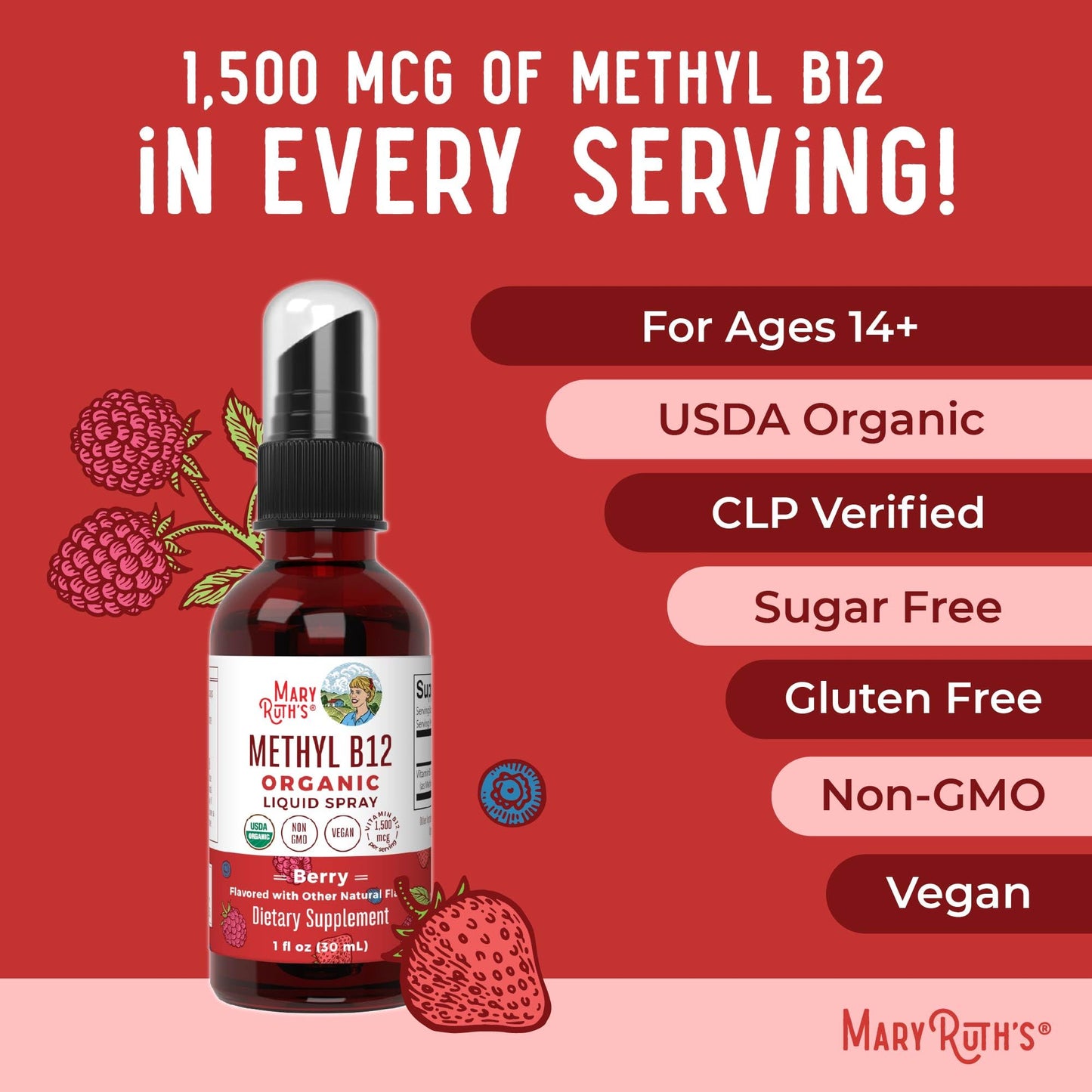 MaryRuth Organics Methyl B12 Spray | 1,500 mcg B12 Per Serving | Methylcobalamin | Energy Metabolism | Nervous System Support | Neuro Health | Vegan | Gluten Free | Sugar Free | 1 Fl Oz MARYRUTH'SUS supplements
