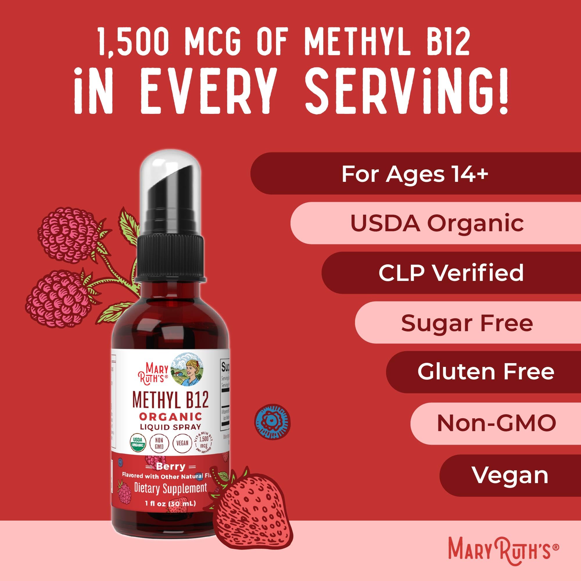 MaryRuth Organics Methyl B12 Spray | 1,500 mcg B12 Per Serving | Methylcobalamin | Energy Metabolism | Nervous System Support | Neuro Health | Vegan | Gluten Free | Sugar Free | 1 Fl Oz MARYRUTH'SUS supplements