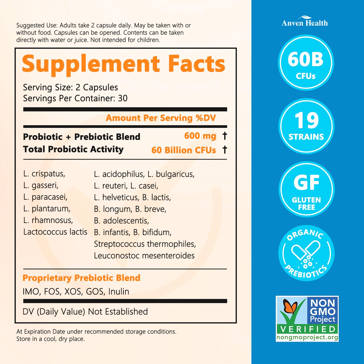 Anven Health 60 Billion Probiotics for Women and Men 19 Strains 5 Organic Prebiotics for Gut Digestive & Immune Health, Supports Diarrhea Gas Bloating, Vegan Probiotic Supplement Formula丨120 Caps Anven HealthAu supplements