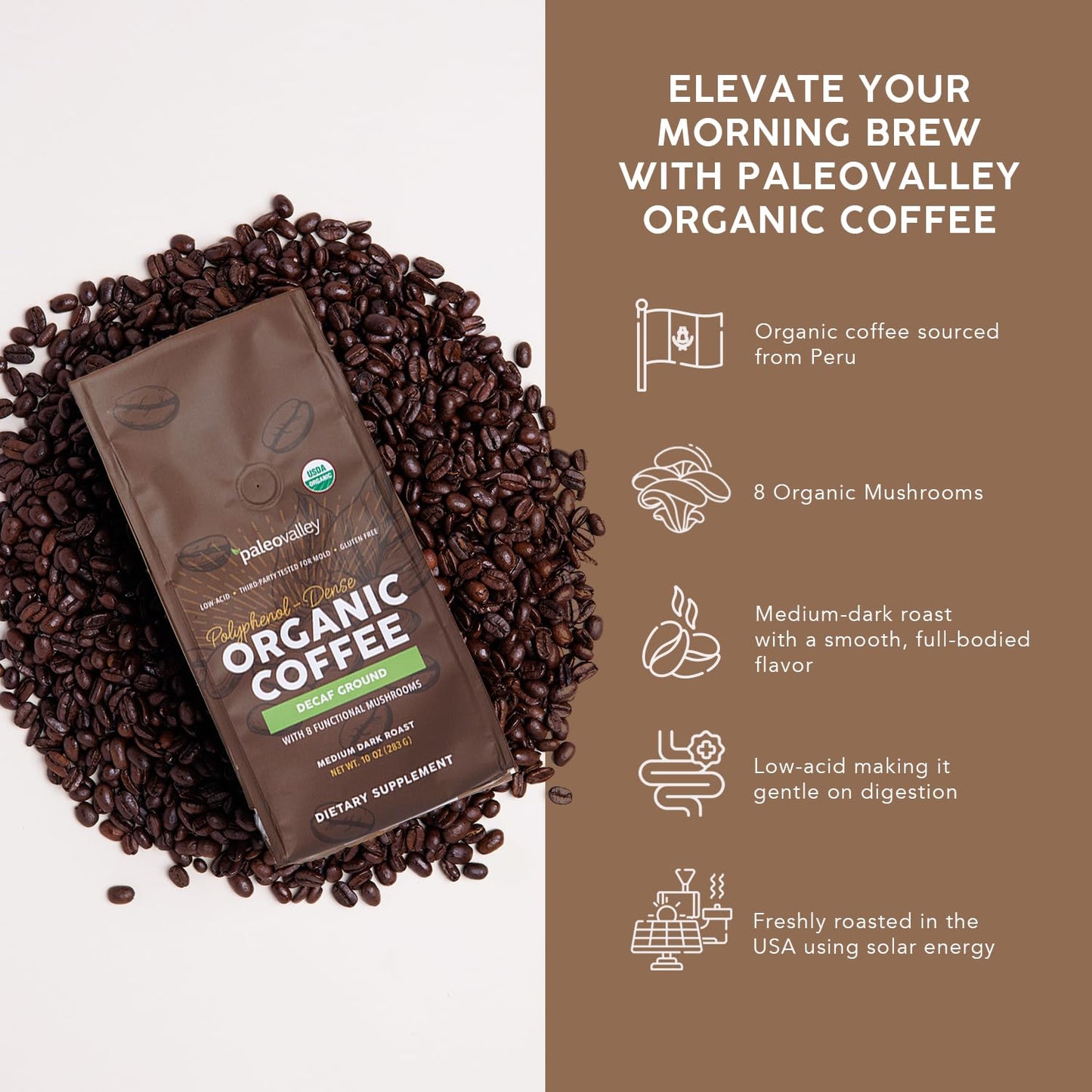 Paleovalley Organic Ground Coffee, 10oz - Decaf, Low Acid, Single-Origin, Polyphenol-Rich, Infused with Mushrooms PaleovalleyUS supplements