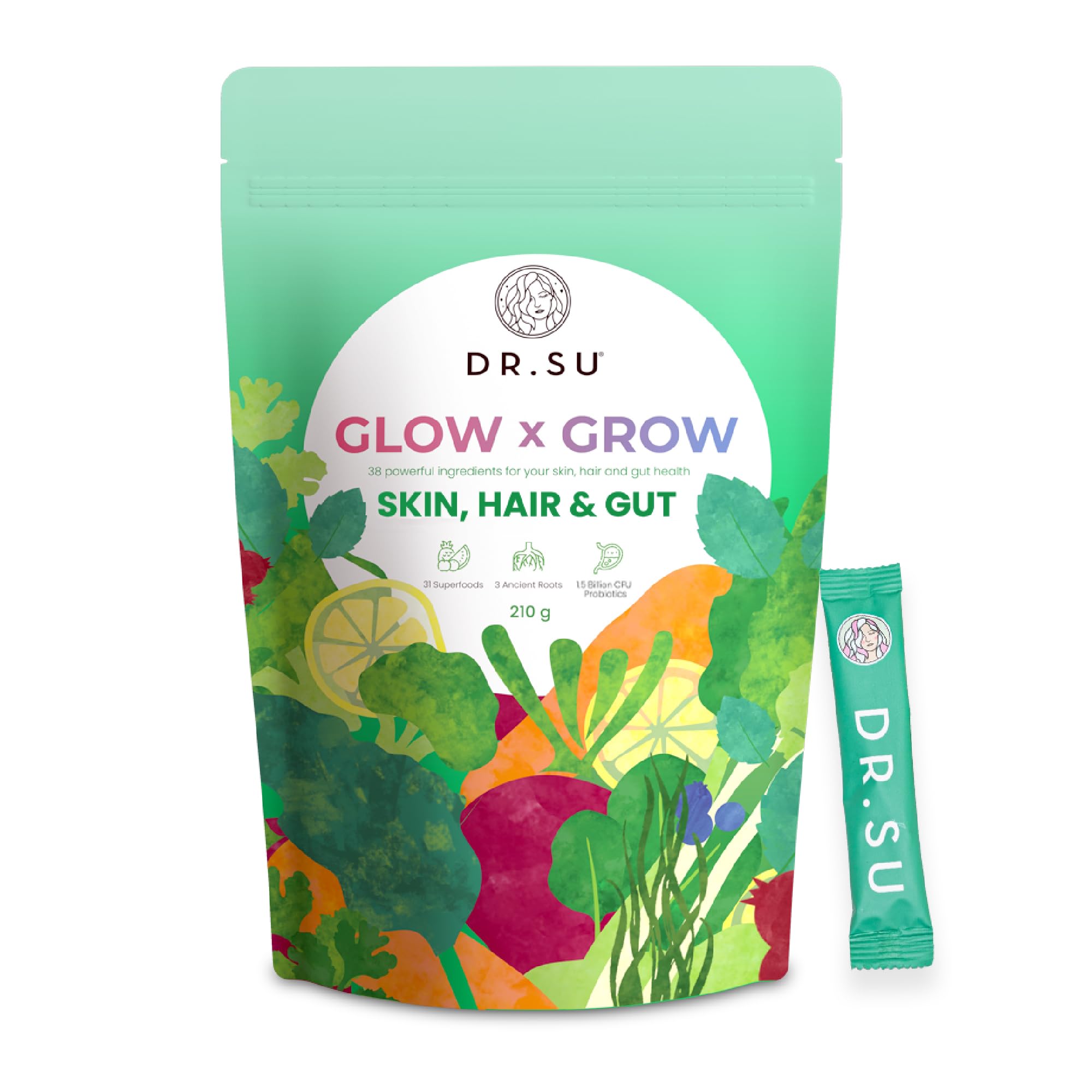 Dr.Su 6-in-1 Supplement Powder | Clear Skin, Strong Hair & Healthy Gut | with Vitamins, Minerals, Antioxidants, Probiotics, Fiber & Adaptogens | Lemon Mint | Sugar-Free | 30 Sachets | Unisex Dr.SuAu supplements