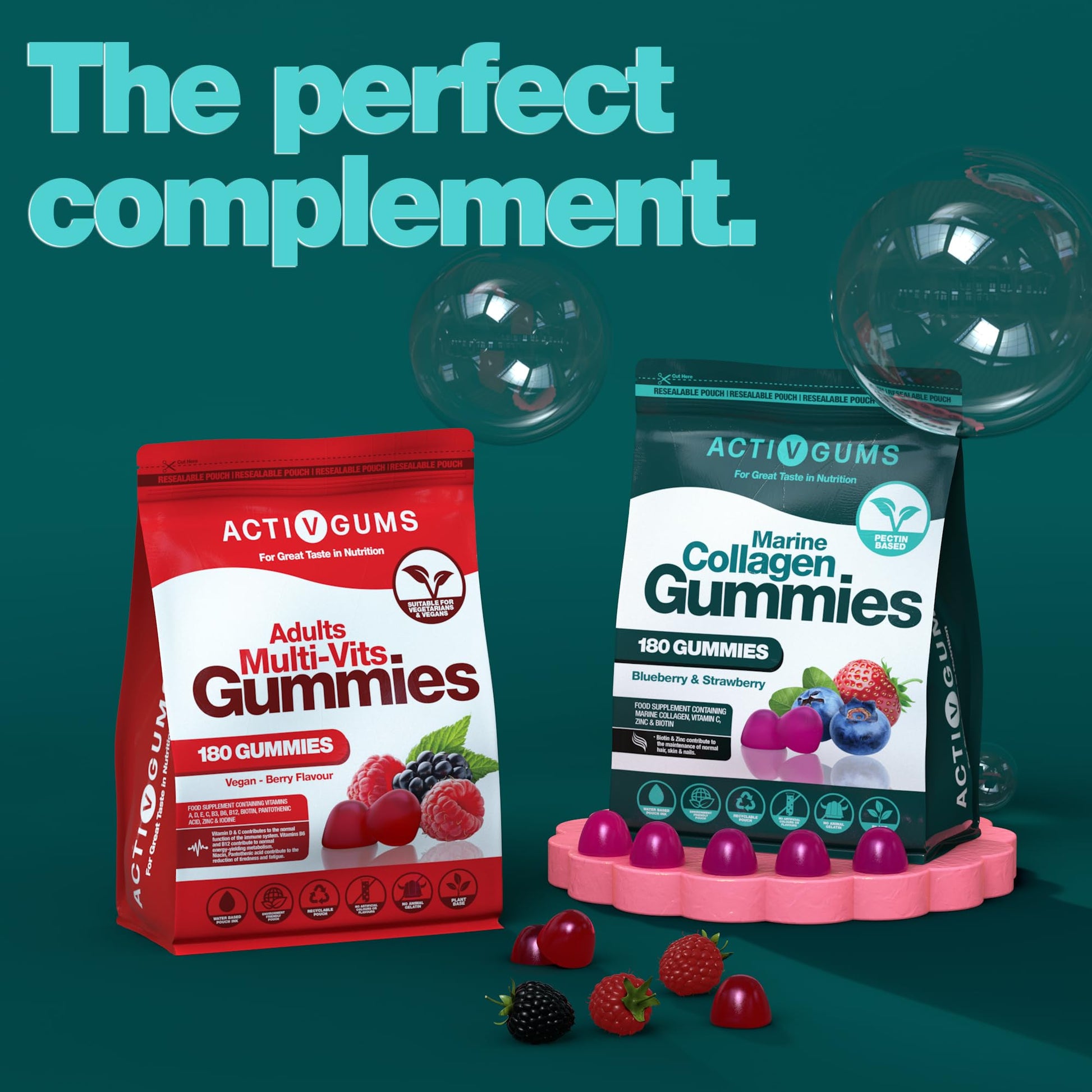 Marine Collagen Complex 180 Gummies. Strawberry & Blueberry Flavour. Resealable & Recyclable Pouch. Contains Marine Collagen, Vitamin C Activ GumsAu supplements