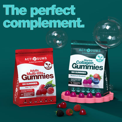 Marine Collagen Complex 180 Gummies. Strawberry & Blueberry Flavour. Resealable & Recyclable Pouch. Contains Marine Collagen, Vitamin C Activ GumsUS supplements
