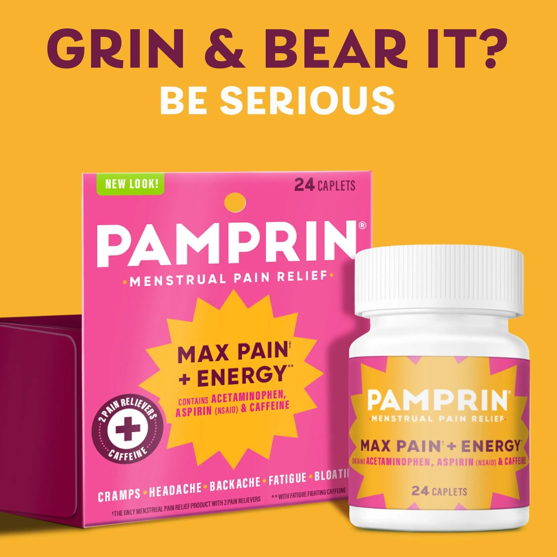 Pamprin Maximum Strength Max Pain and Energy Formula, Menstrual Period Symptoms Relief for Cramps, Bloating and Fatigue, 24 Caplets PamprinAu supplements