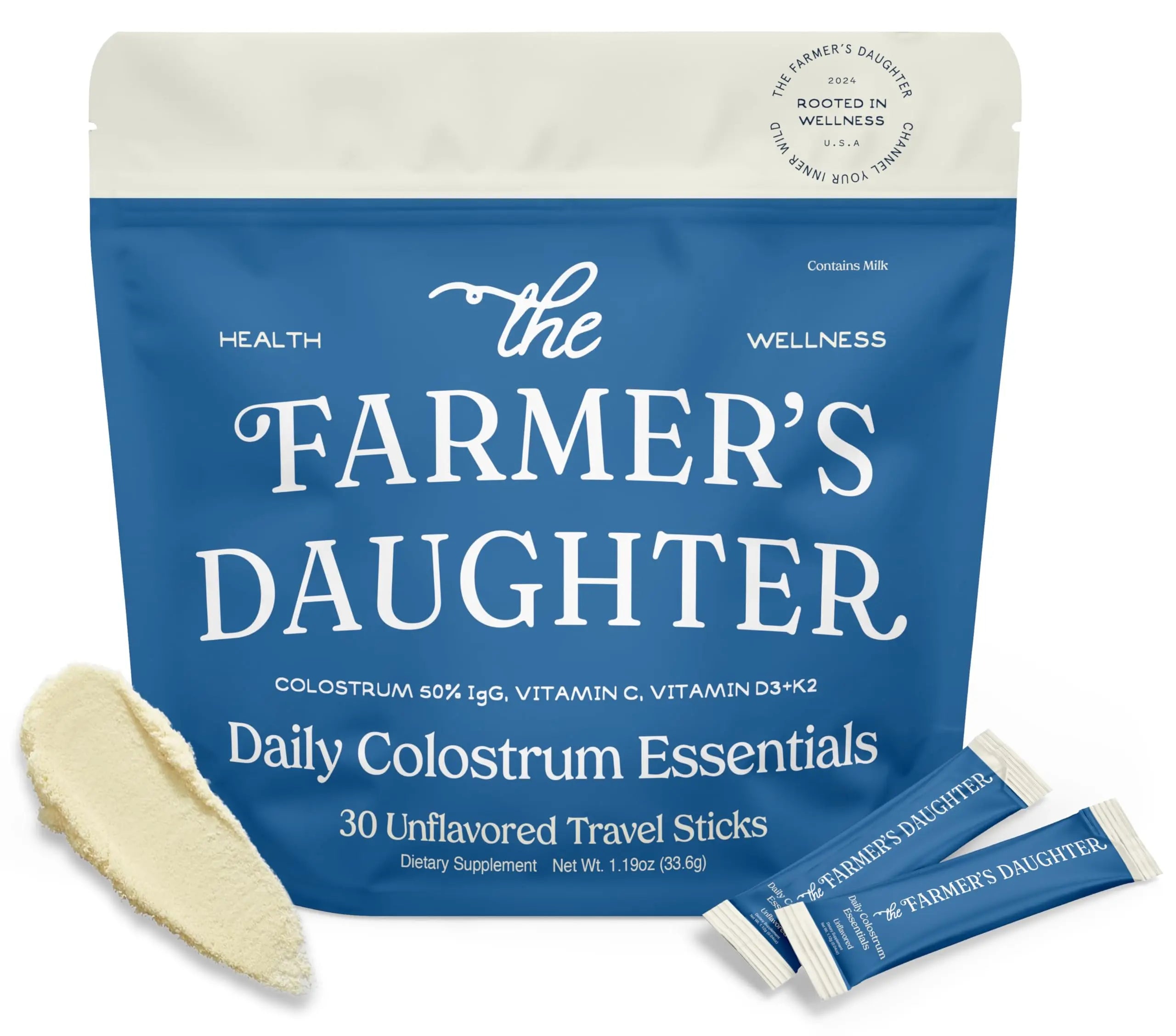 THE FARMER'S DAUGHTER Colostrum Powder | Unflavored | Gut Health & Bloating | Hair, Skin & Nails | Immunity Supplement | 30 Individual Travel Stick Packs THE FARMER'S DAUGHTERAu supplements