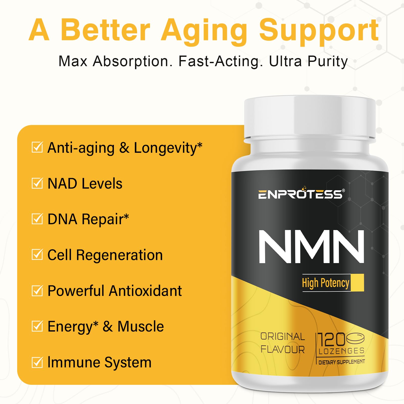 Sublingual NMN 500mg, Max Absorbency & Fast-Acting NMN Supplement（120-Day Supply）, 99% Pure NMN (Nicotinamide Mononucleotide) for NAD, Cell, Immune, Energy, Muscle, Anti-Aging, Longevity, 120 Lozenges EnprotessAu supplements