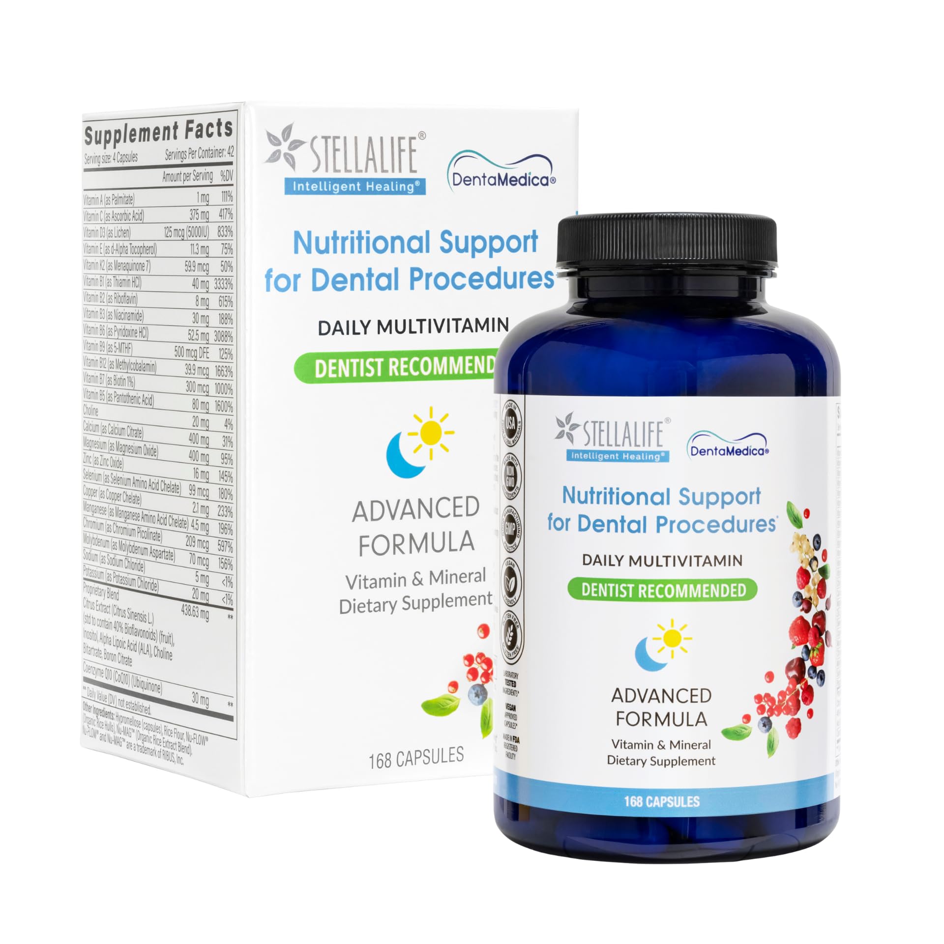 StellaLife DentaMedica Vegan Daily Multivitamin Nutritional Support for Faster Dental Surgery Recovery, VIT D3 K2 C B Zinc CoQ10 Magnesium, Healthy Bones & Gums, Non-GMO, GMP USA, 168 Capsules StellaLifeAu supplements