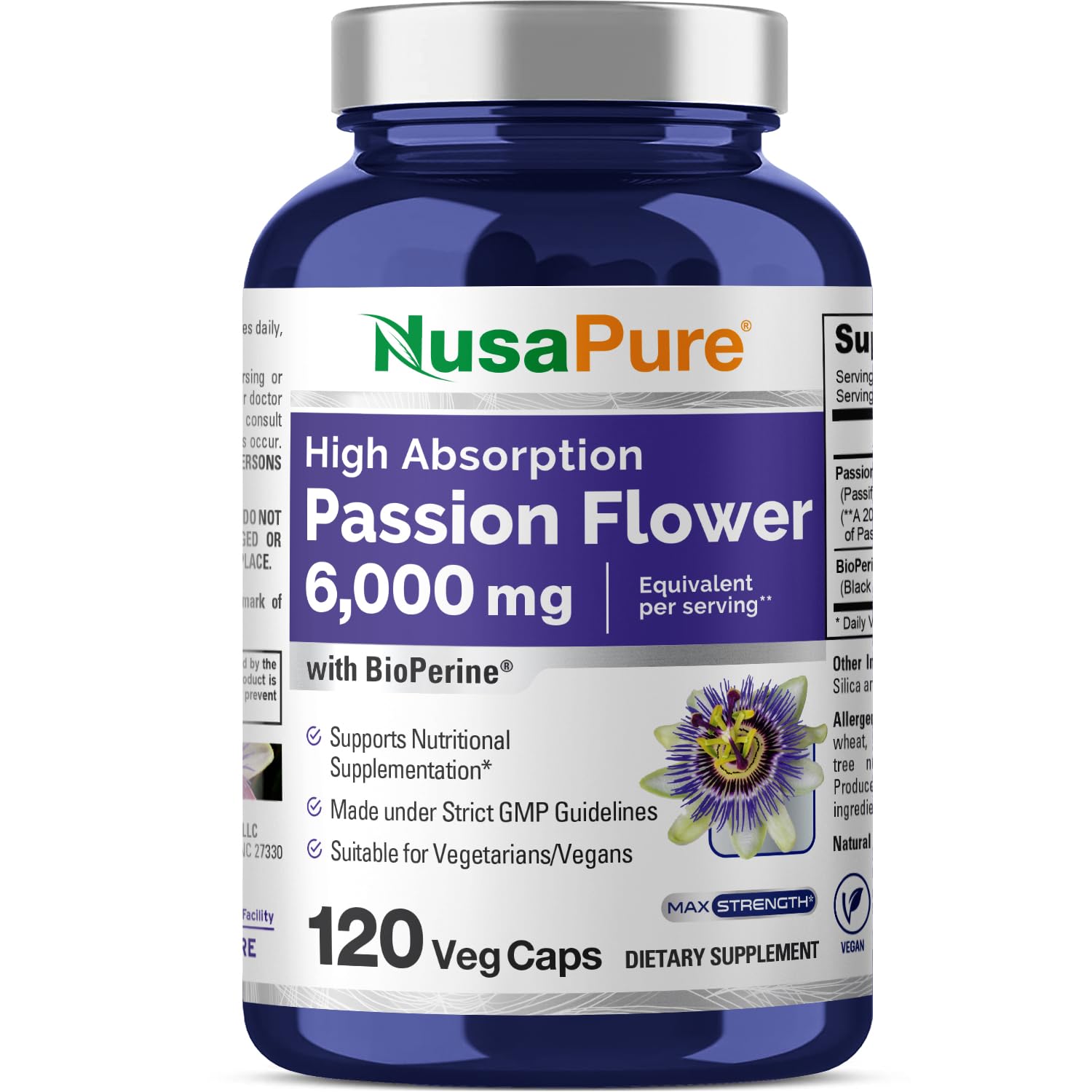 NusaPure Passion Flower 20:1 Extract, 300 mg Equivalent to 6,000mg, 120 Veggie Caps, Non-GMO, Bioperine, & Vegan Extract Supplement NusaPureAu supplements