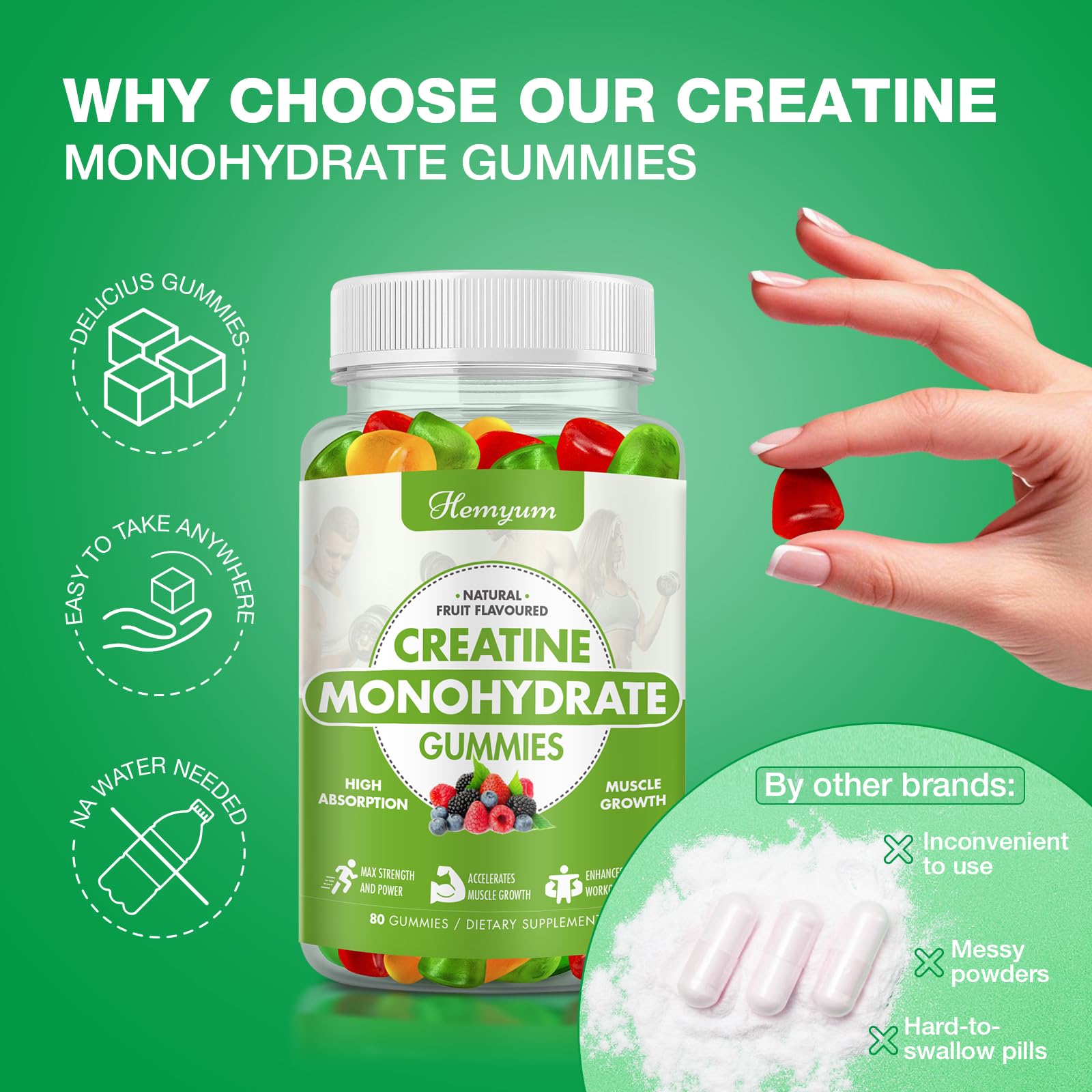 Creatine Monohydrate Gummies - Pre-Workout Creatine for Women Men, Enhanced Muscle Strength, Boost Focus and Endurance, Muscle Builder,Complex L-Taurine + Vitamin B12,Vegan, Gluten-Free 160 Count HemyumAu supplements