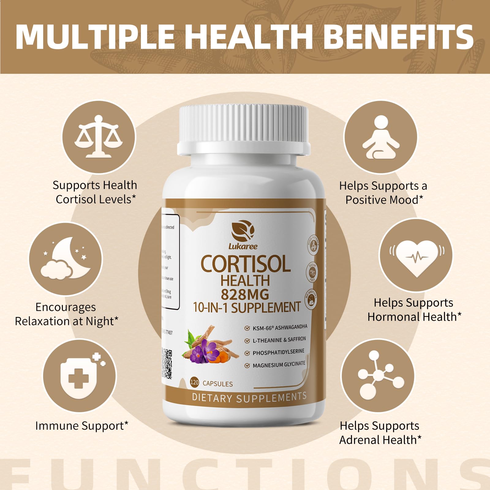 10-IN-1 Cortisol Supplements w/ KSM-66® Ashwagandha 300mg + L-Theanine 250mg, Magnesium Glycinate, Saffron, Phosphatidylserine, Turmeric & Vitamin C D3 B6 B5, For Women Men, 120 Capsules 60-Day Supply LukareeAu supplements