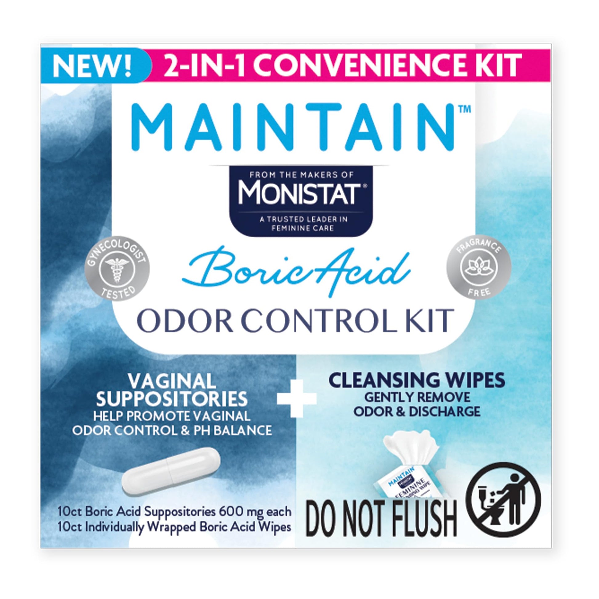 Monistat Maintain Boric Acid Odor Control Kit, 10 Feminine Wipes & 10 Boric Acid Suppositories for Women, Fragrance-Free and Non-Irritating pH Balanced Formulas to Control Vaginal Odor MonistatUS supplements