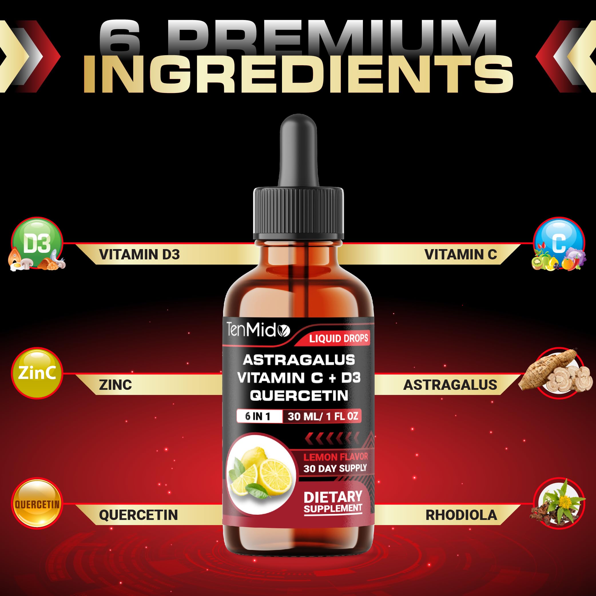 Tenmido 6-in-1 Astragalus Root Tincture - Herbal Extract Supplements with Quercetin, Rhodiola Rosea, Vitamin D3, Vitamin C, and Zinc - Vegan, Non-GMO - 30ml 1 Fl Oz TenmidoAu supplements