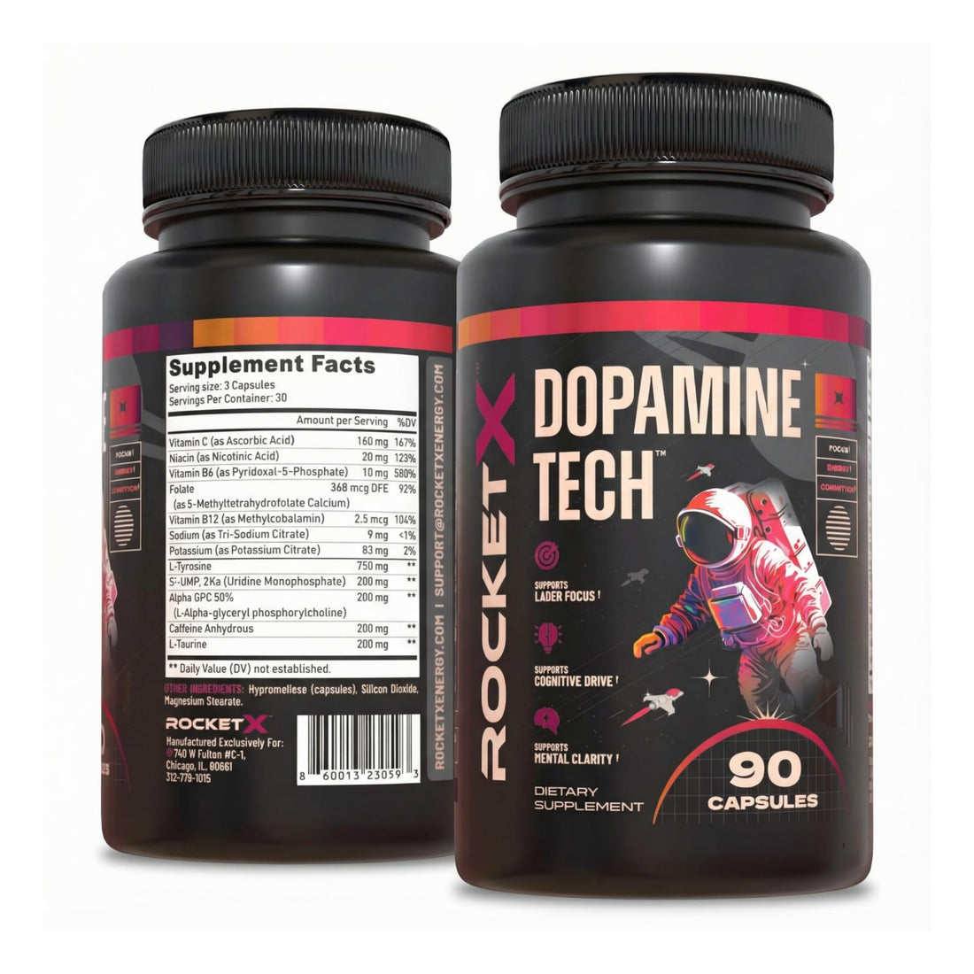RocketX Dopamine Tech Brain Food Supplement, with L-Tyrosine and B Vitamins for Focus, Mental Clarity and Cognitive Drive, Vegan Capsules, 90 Capsules RocketX EnergyAu supplements