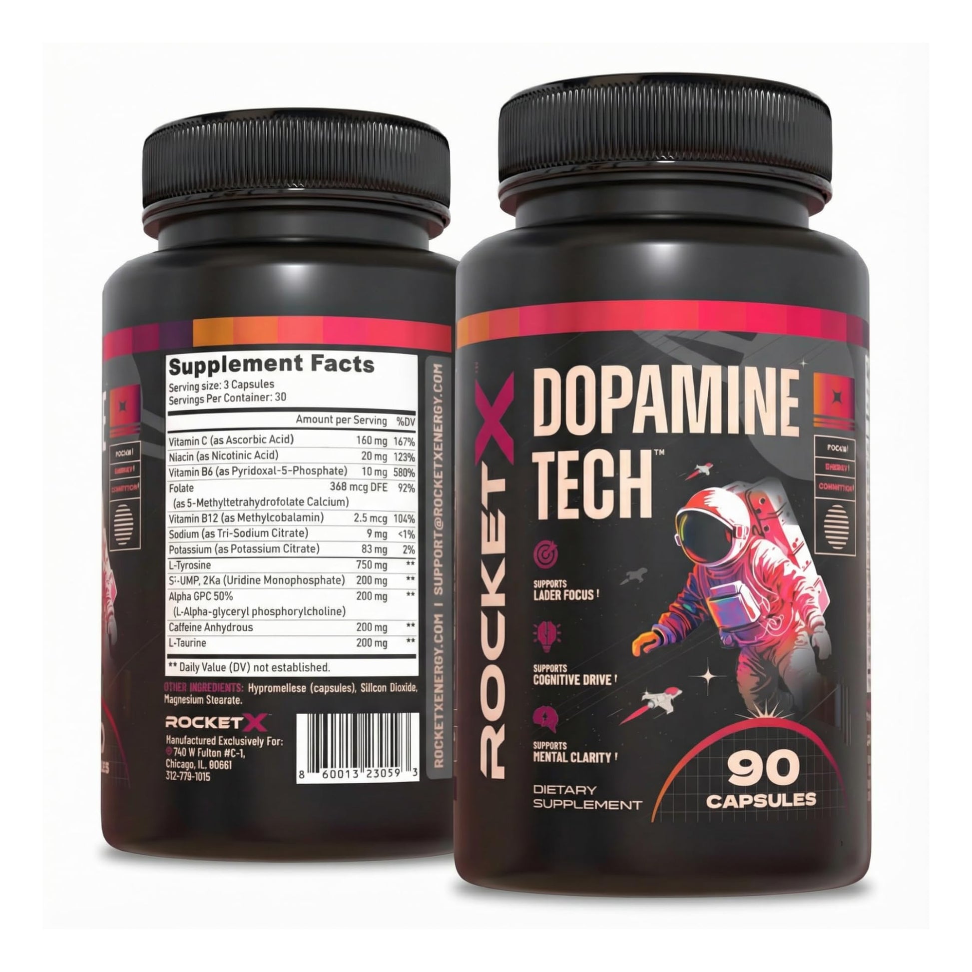 RocketX Dopamine Tech Brain Food Supplement, with L-Tyrosine and B Vitamins for Focus, Mental Clarity and Cognitive Drive, Vegan Capsules, 90 Capsules RocketX EnergyAu supplements