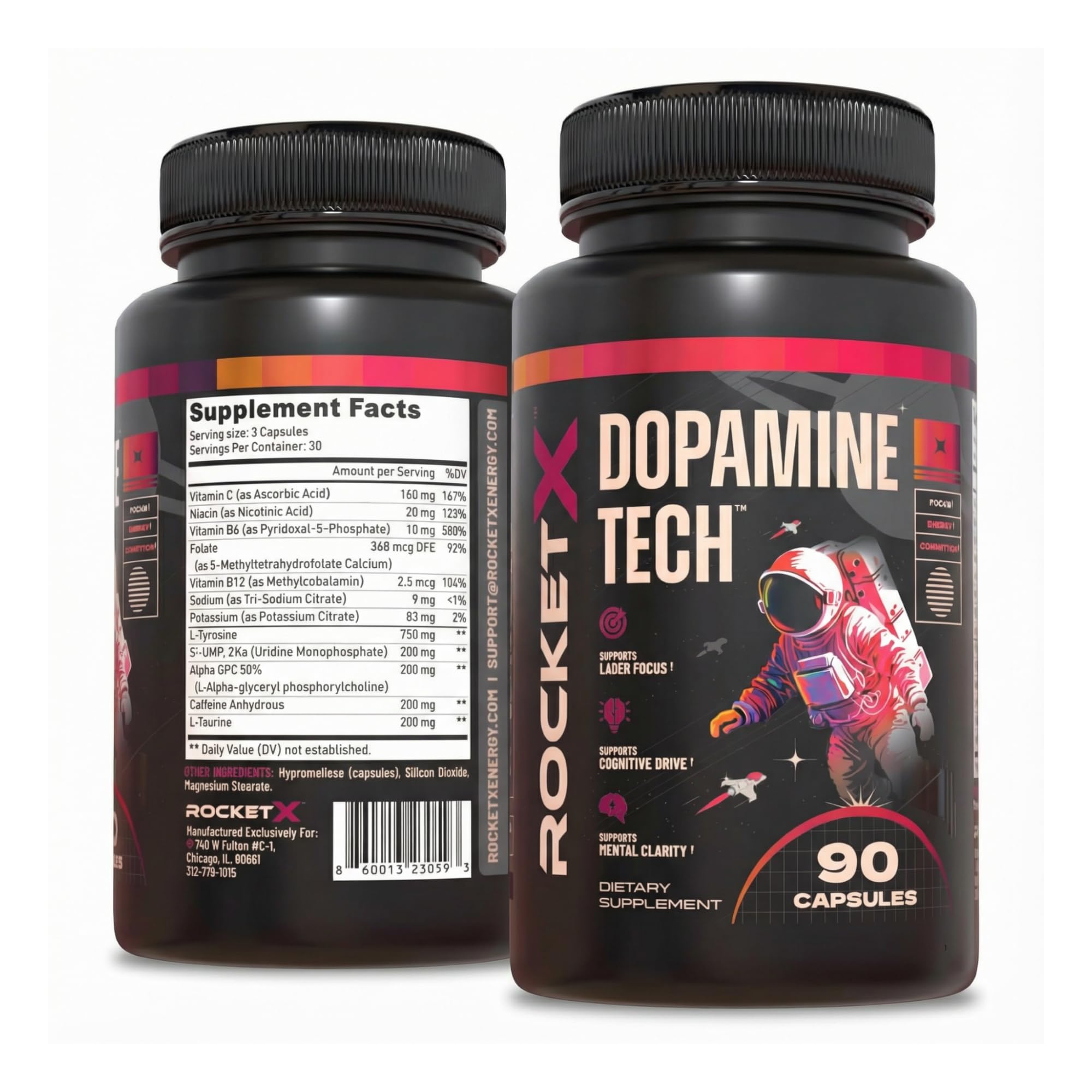 RocketX Dopamine Tech Brain Food Supplement, with L-Tyrosine and B Vitamins for Focus, Mental Clarity and Cognitive Drive, Vegan Capsules, 90 Capsules RocketX EnergyAu supplements