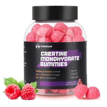 IRIDESICENT Creatine Monohydrate Gummies 5000mg w/Iron, Vitamin B6 & B12, Sugar Free 5g Creatine Supplements for Women and Men Boost Energy & Muscle Recovery - 90 Raspberry Gummies IRIDESICENTAu supplements