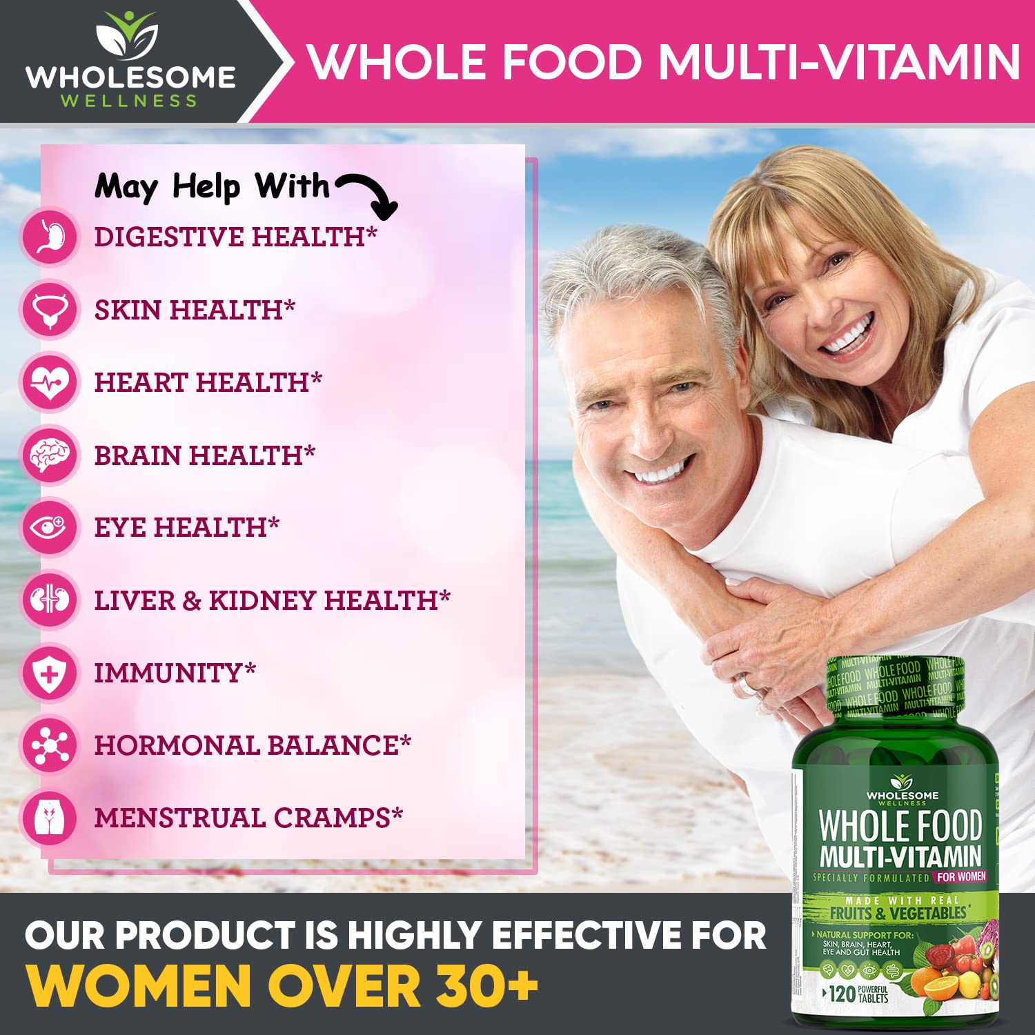 Wholesome Wellness Whole Food Multivitamin for Women - Natural Multi Vitamins, Minerals, Organic Extracts - 120 Tablets Wholesome WellnessUS supplements