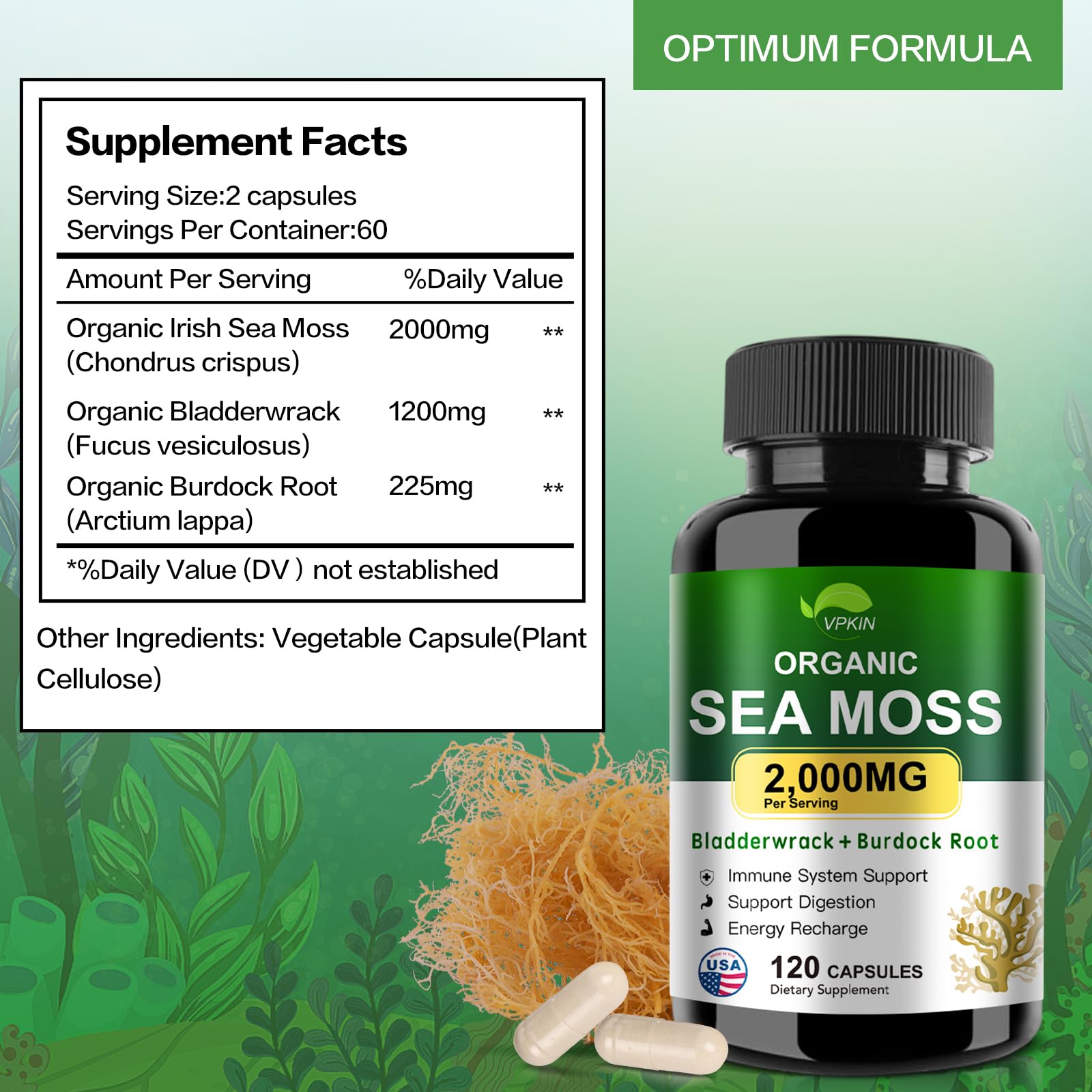 VPKIN Organic Sea Moss Capsules with Bladderwrack,Burdock Root and Black Pepper Extract-Irish SeaMoss Pills 2000mg-Promotes Immune System,Thyroid Support(120 Capsules) VPKINAu supplements