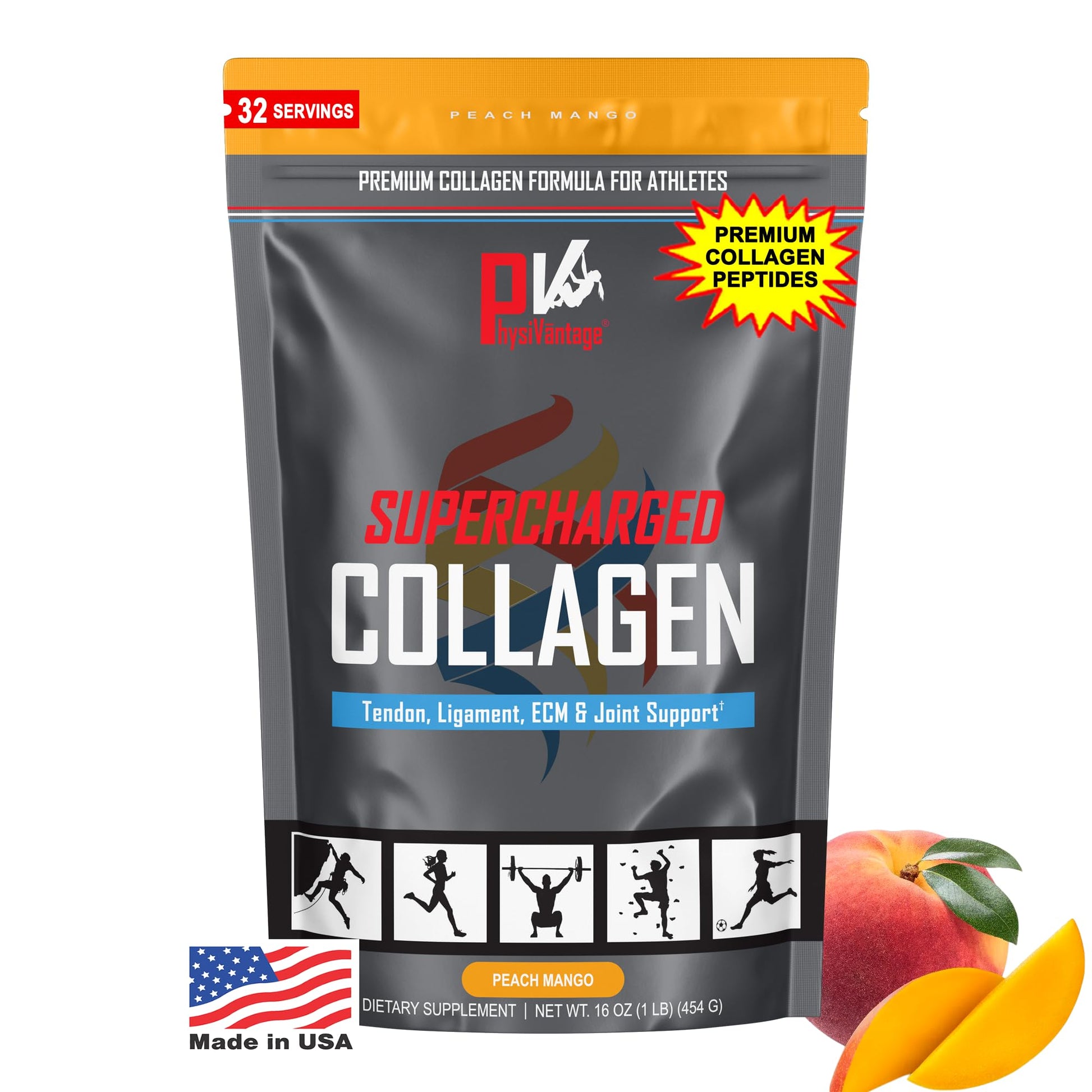 PhysiVantage Supercharged Collagen Peptides Powder - Hydrolyzed Collagen for Joint, Tendon, Ligament, & Skin Health Support - Peach Mango, Keto, Paleo, 16oz | Enhanced with Vitamin C, BCAAs, Grass-Fed PhysiVantageAu supplements